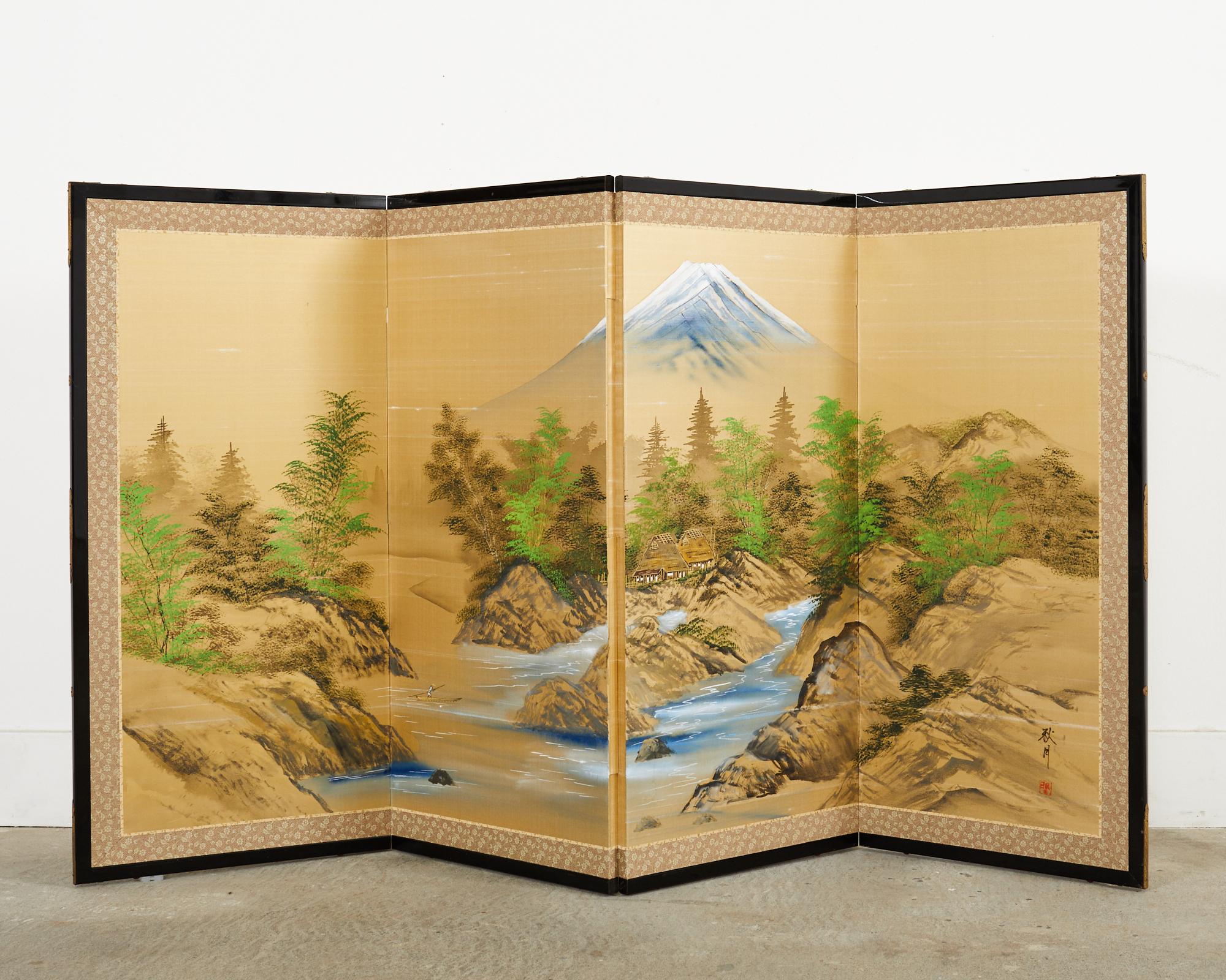 Brass Japanese Showa Four Panel Screen Mount Fuji Landscape For Sale