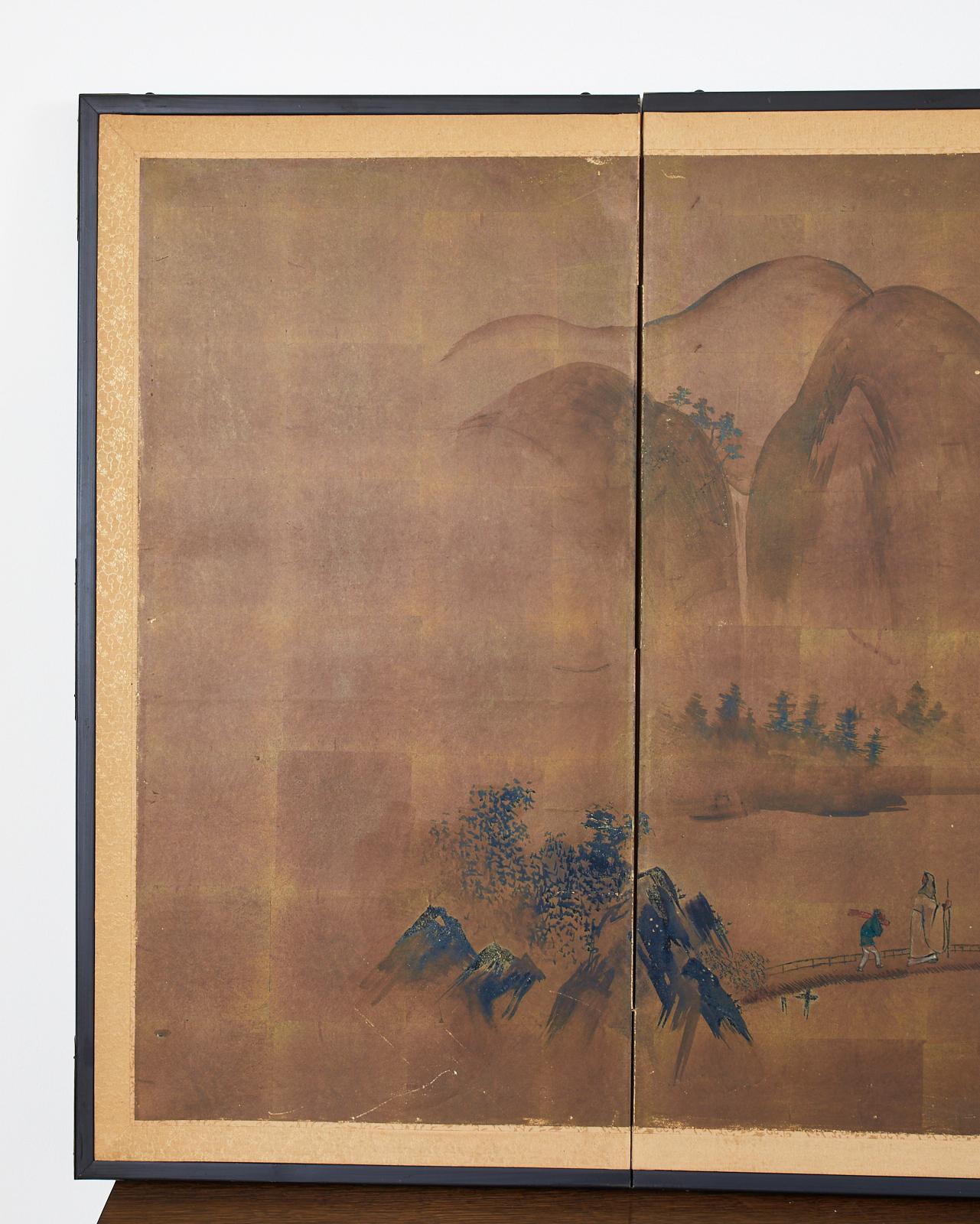 Hand-Crafted Japanese Showa Four Panel Screen Mountain Landscape