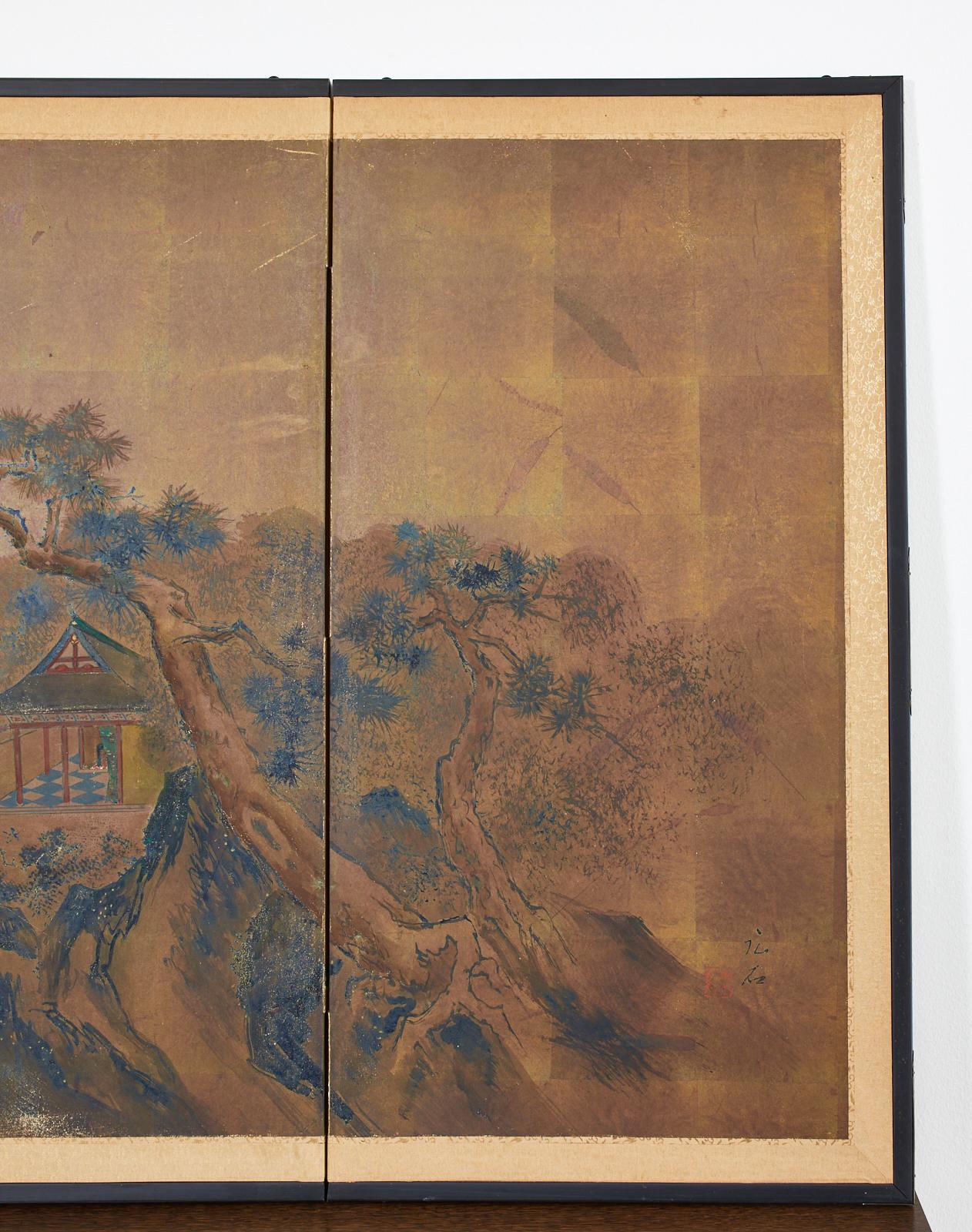 20th Century Japanese Showa Four Panel Screen Mountain Landscape