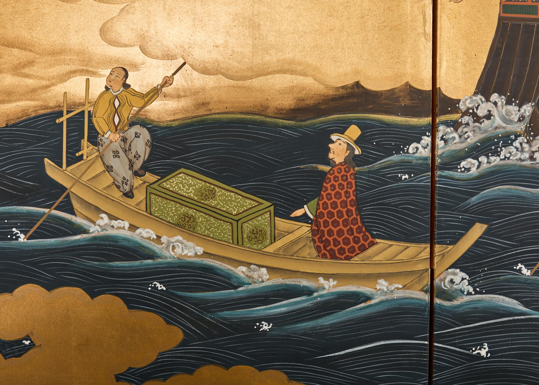 Affiche japonaise Showa à quatre panneaux du navire de Nanban sur doré 5