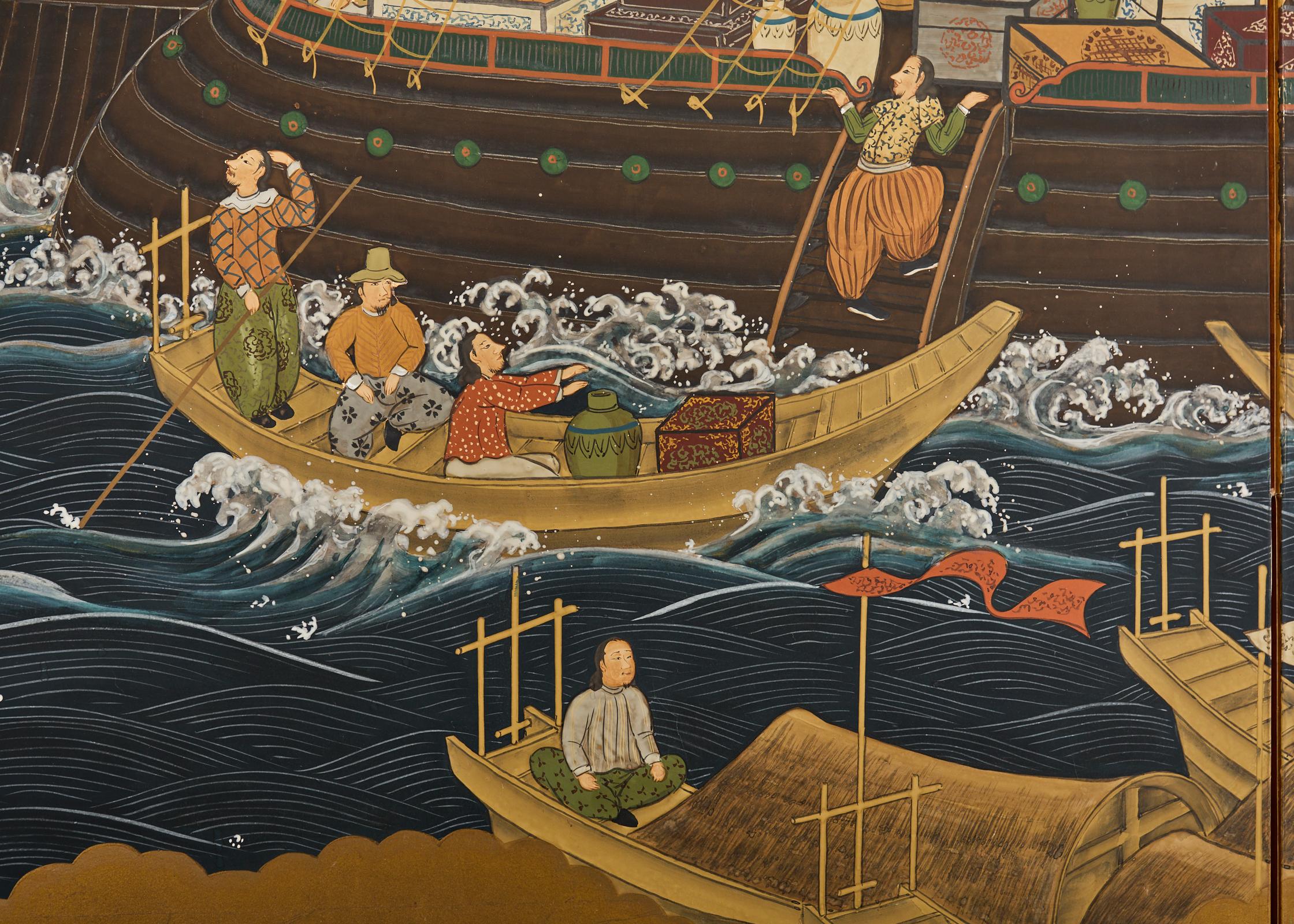 Affiche japonaise Showa à quatre panneaux du navire de Nanban sur doré 6
