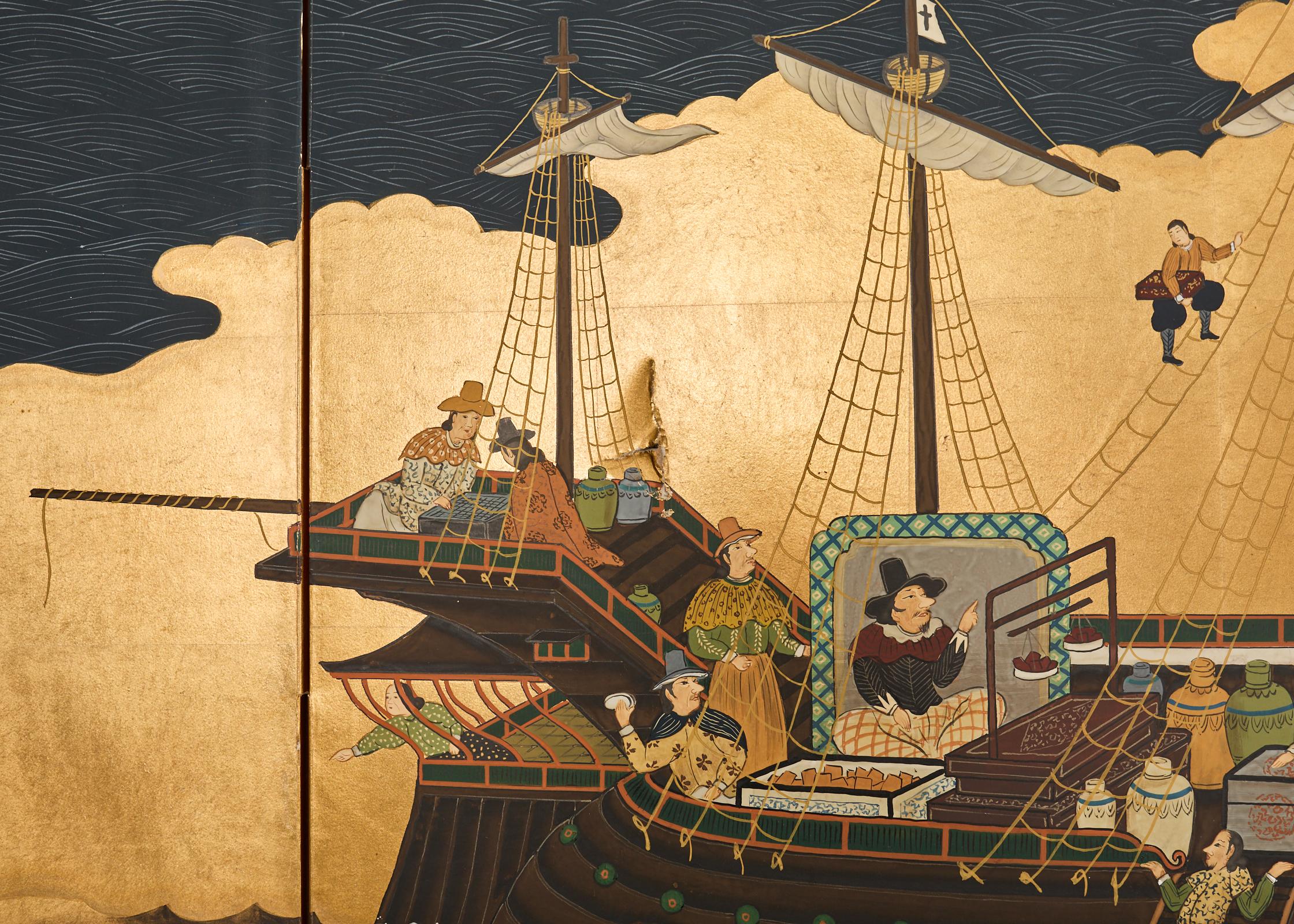 Affiche japonaise Showa à quatre panneaux du navire de Nanban sur doré 7