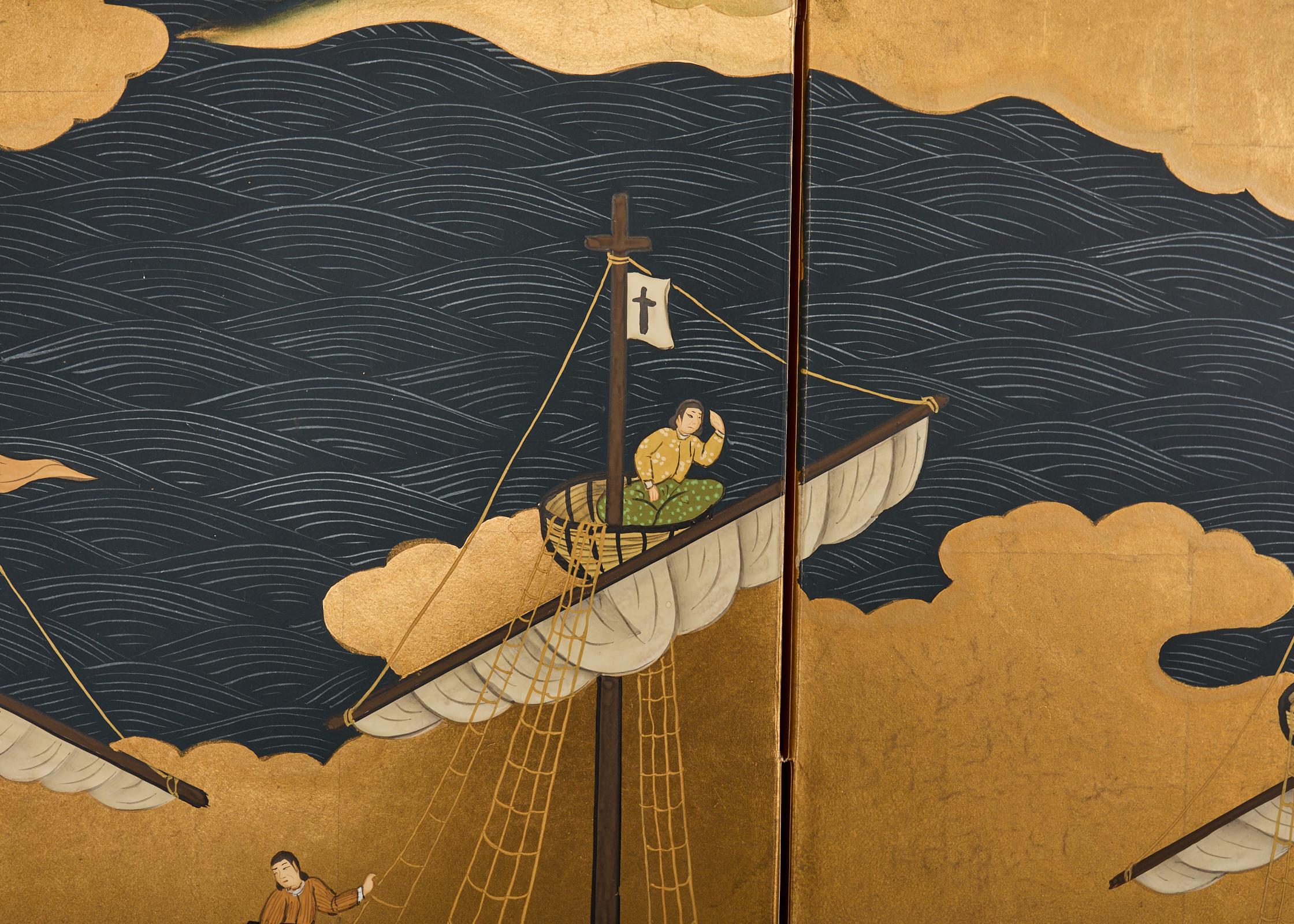Affiche japonaise Showa à quatre panneaux du navire de Nanban sur doré 8