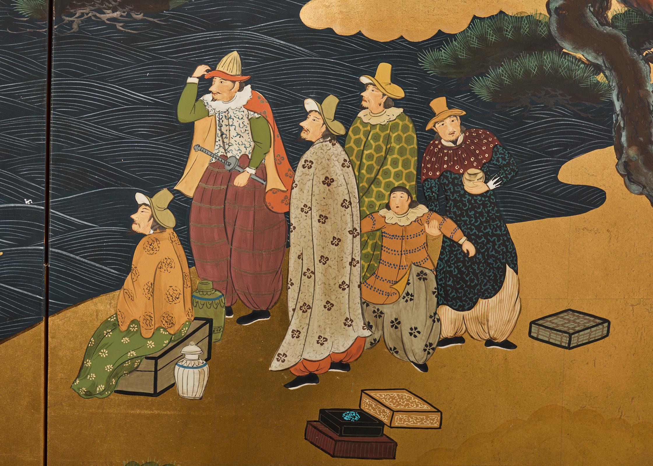 Affiche japonaise Showa à quatre panneaux du navire de Nanban sur doré 9