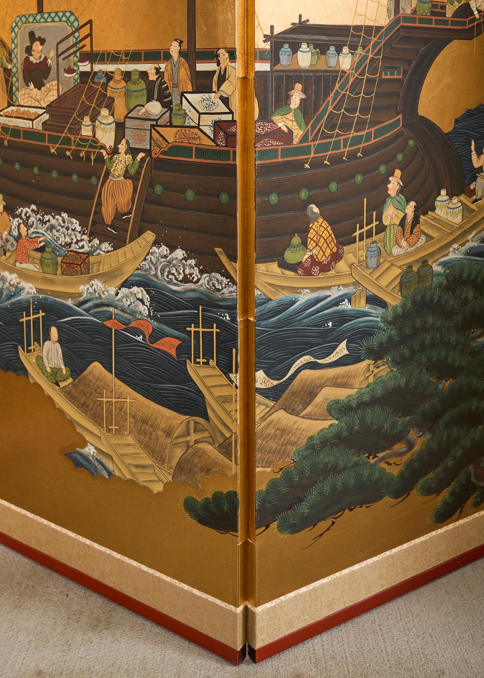 Affiche japonaise Showa à quatre panneaux du navire de Nanban sur doré 12