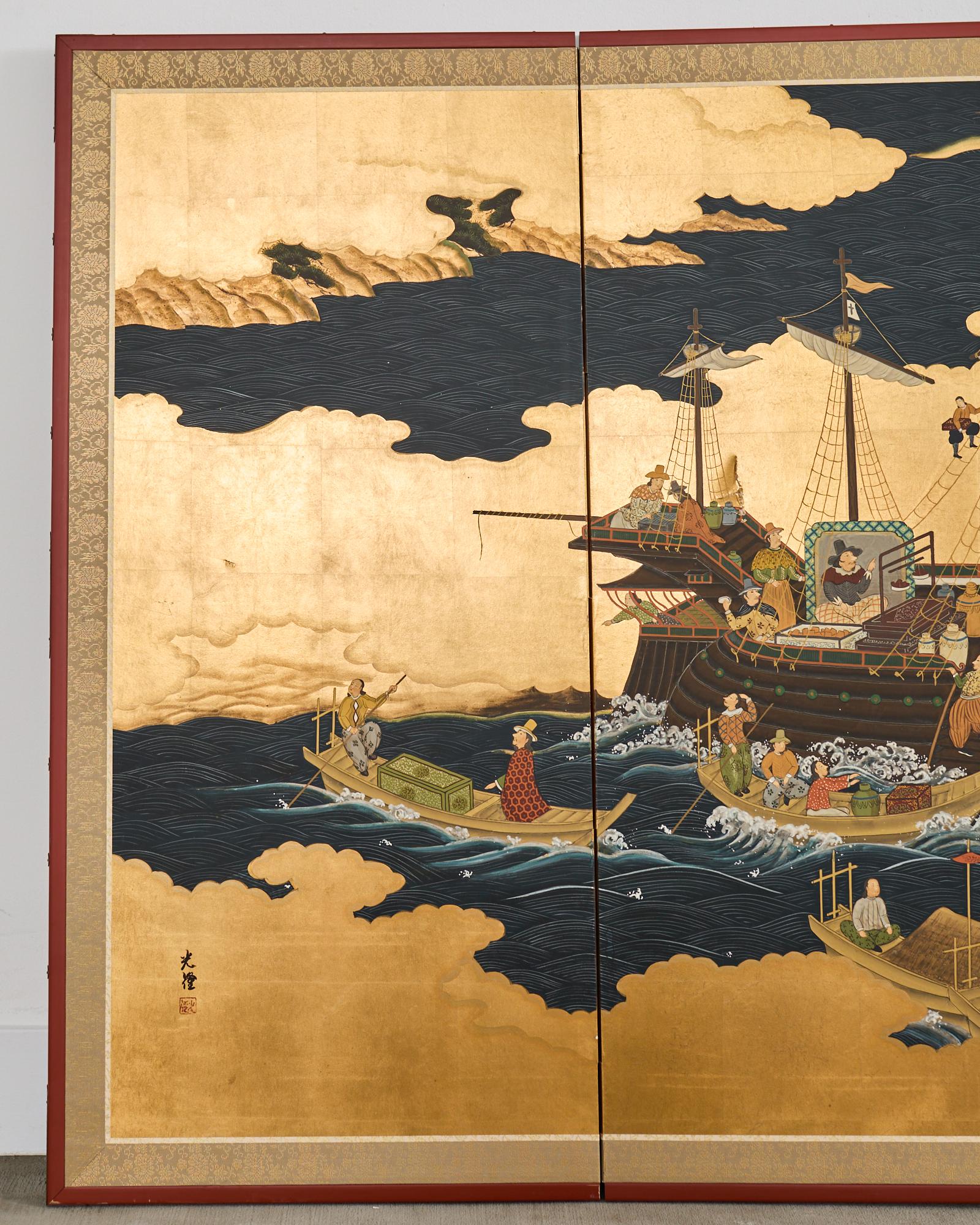 Japonais Affiche japonaise Showa à quatre panneaux du navire de Nanban sur doré