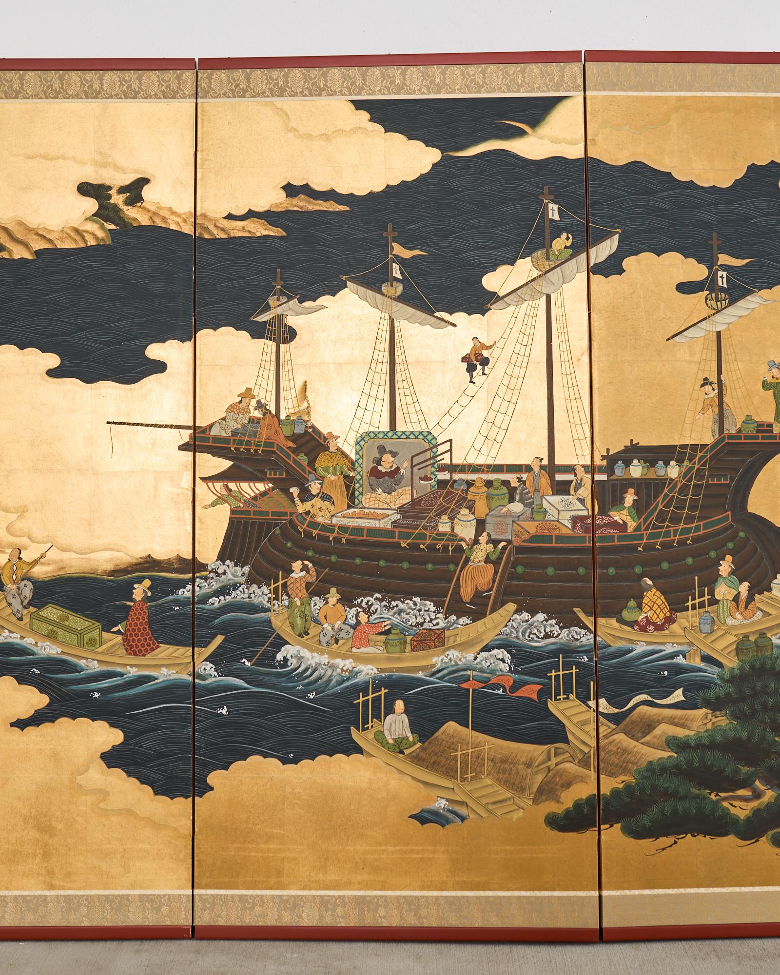 Laqué Affiche japonaise Showa à quatre panneaux du navire de Nanban sur doré