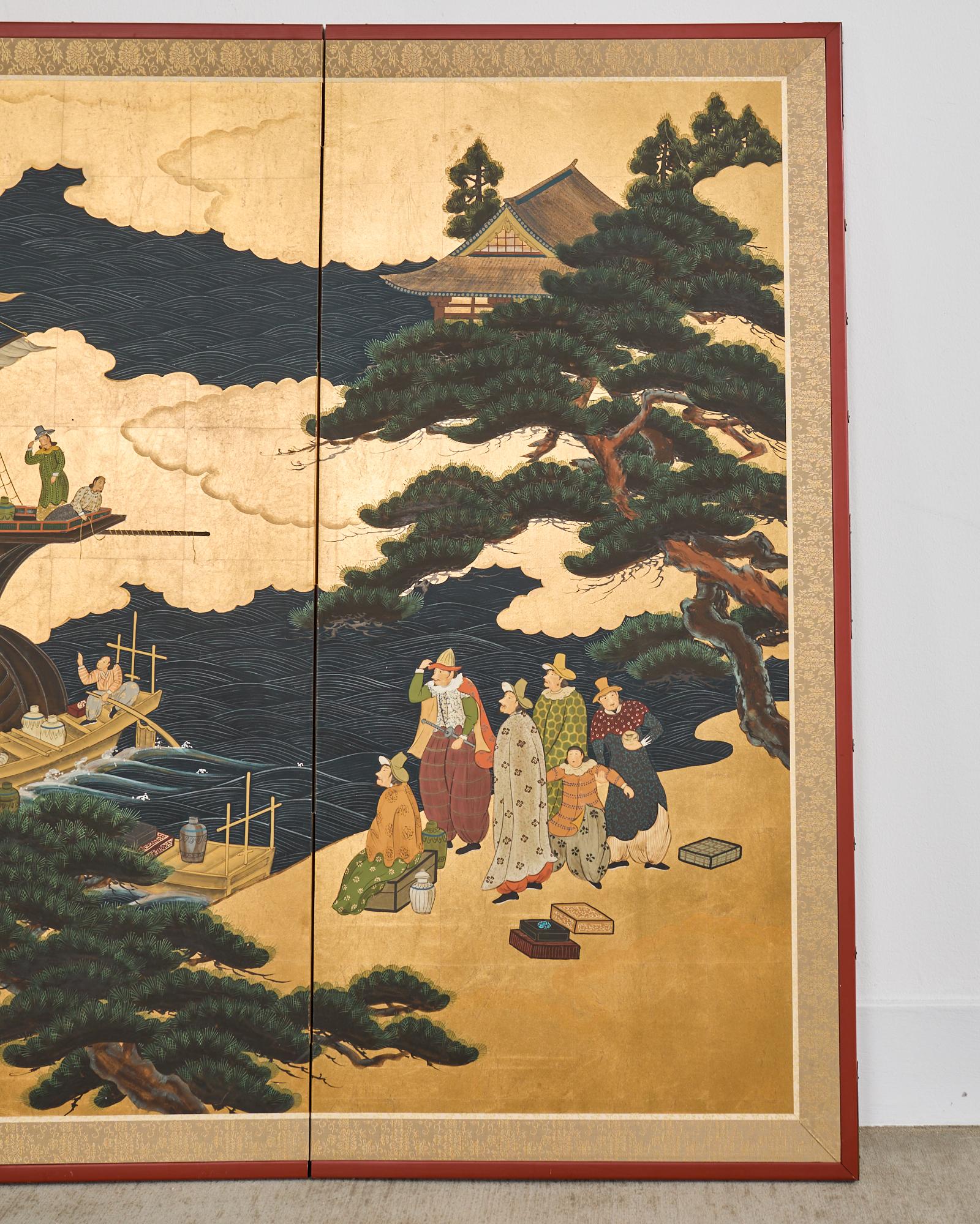 Affiche japonaise Showa à quatre panneaux du navire de Nanban sur doré Bon état à Rio Vista, CA