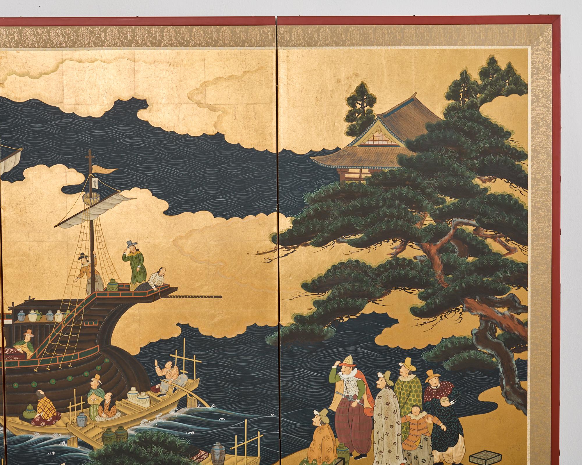 20ième siècle Affiche japonaise Showa à quatre panneaux du navire de Nanban sur doré