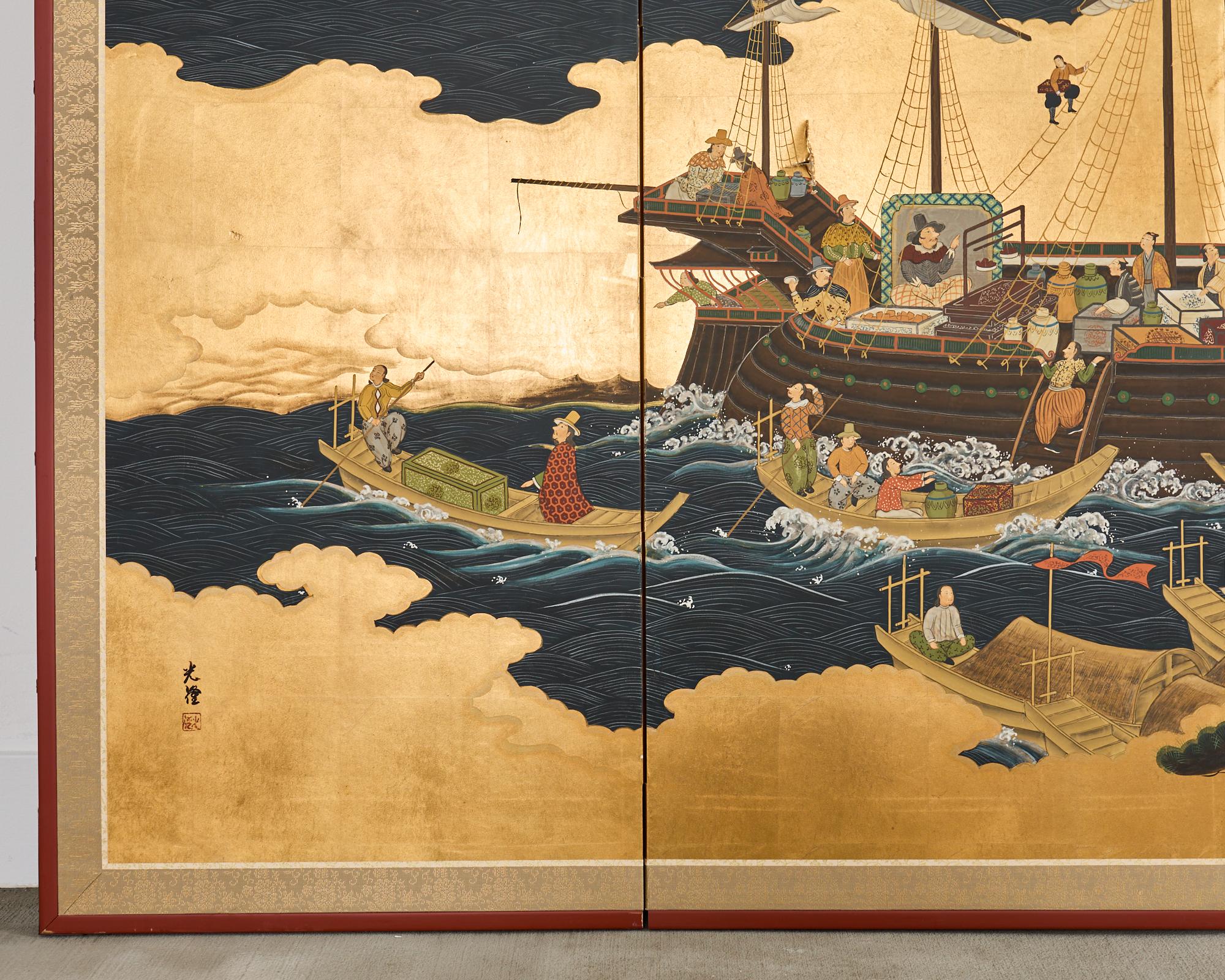 Bronze Affiche japonaise Showa à quatre panneaux du navire de Nanban sur doré