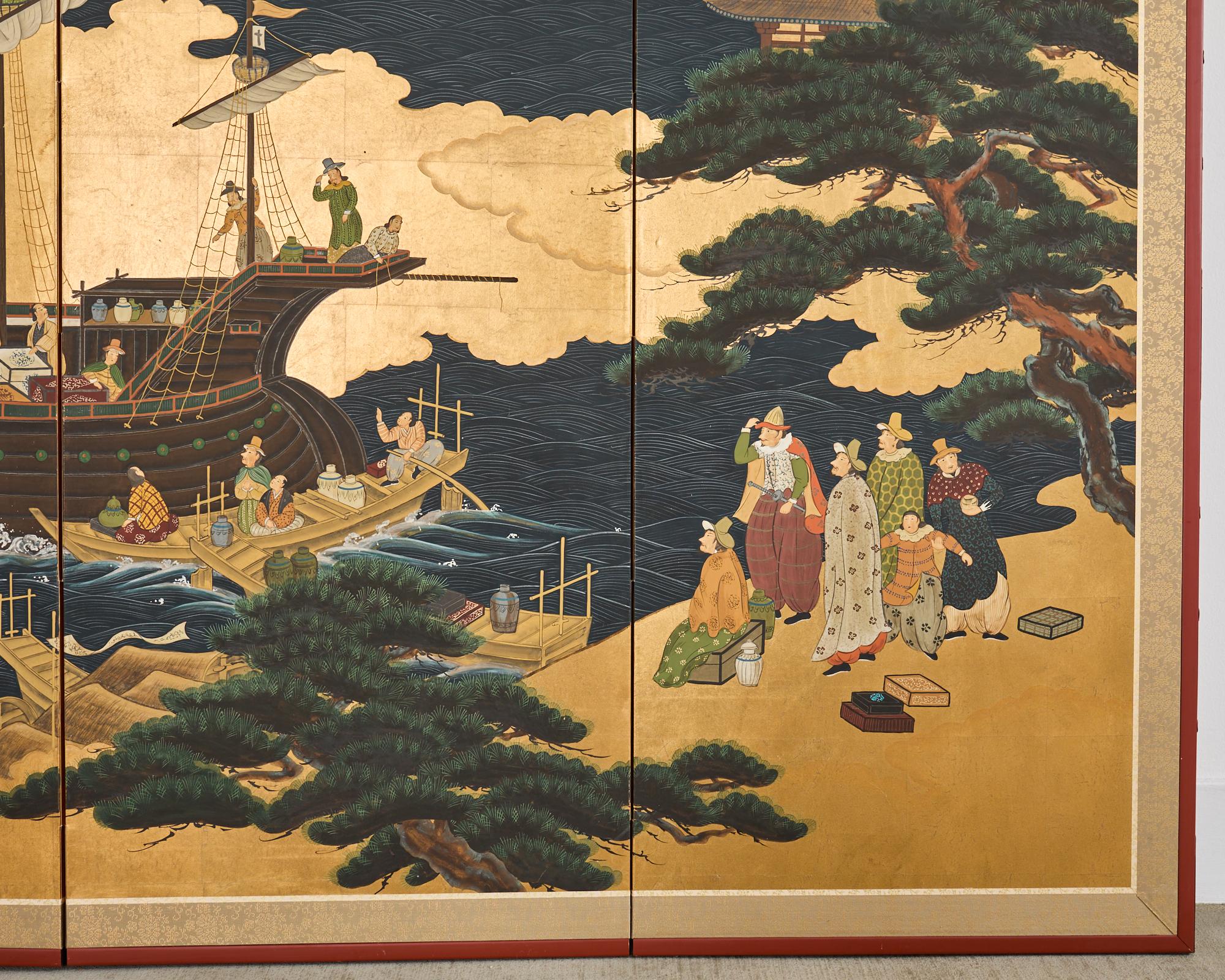 Affiche japonaise Showa à quatre panneaux du navire de Nanban sur doré 1
