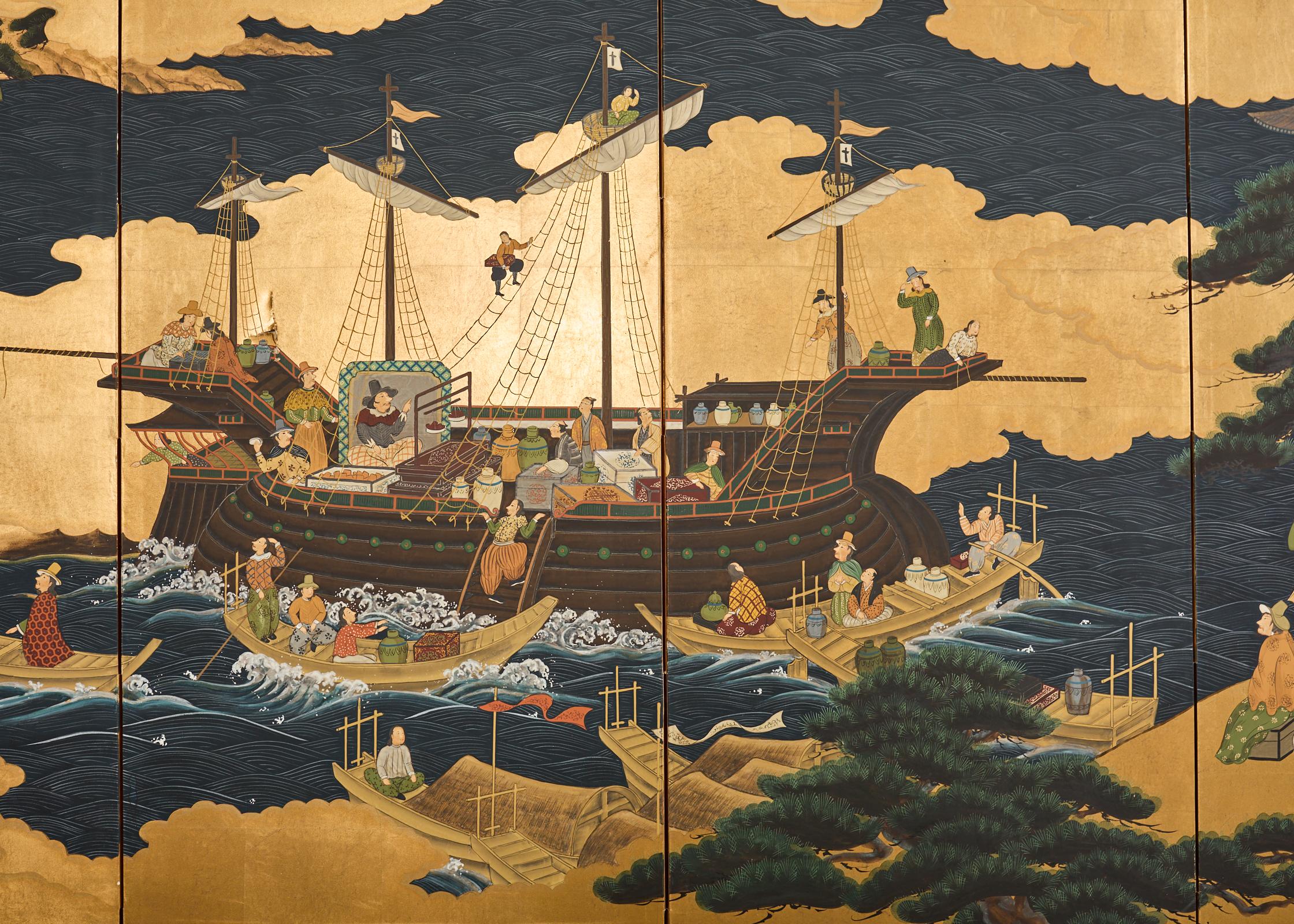 Affiche japonaise Showa à quatre panneaux du navire de Nanban sur doré 2