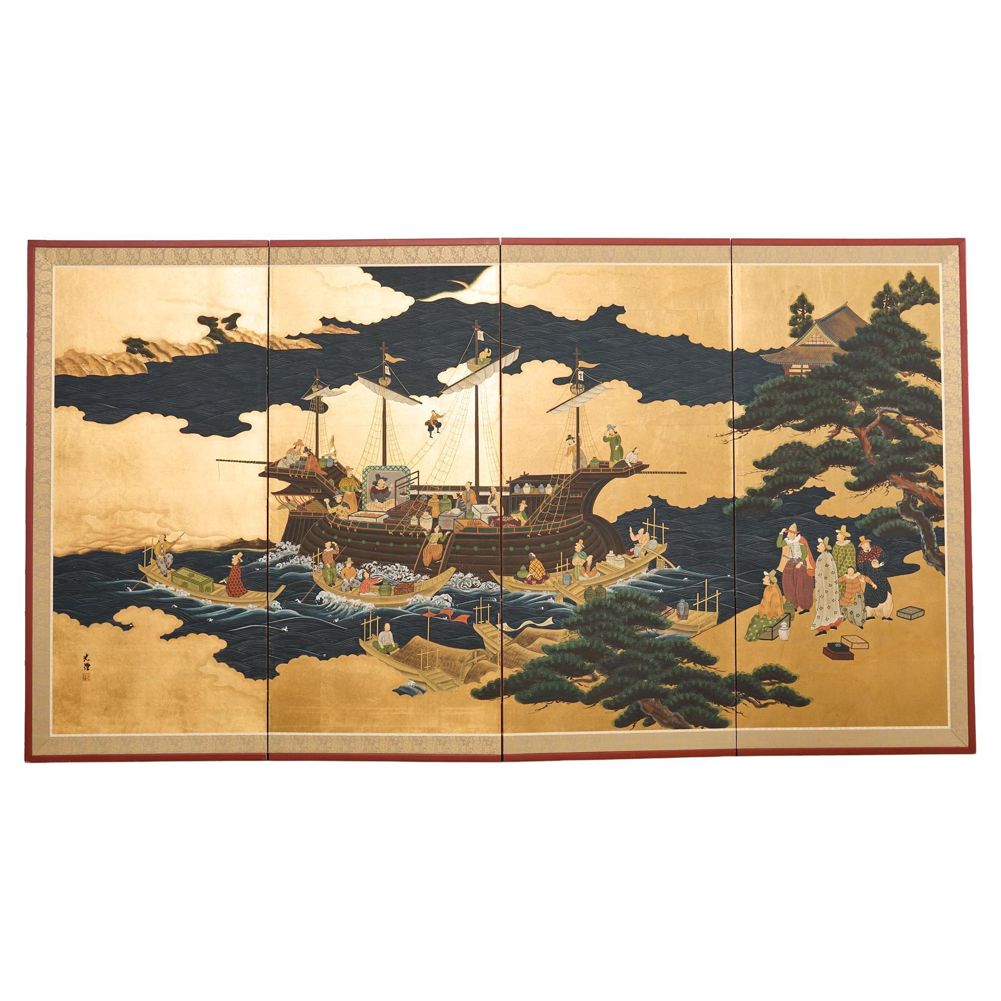 Affiche japonaise Showa à quatre panneaux du navire de Nanban sur doré