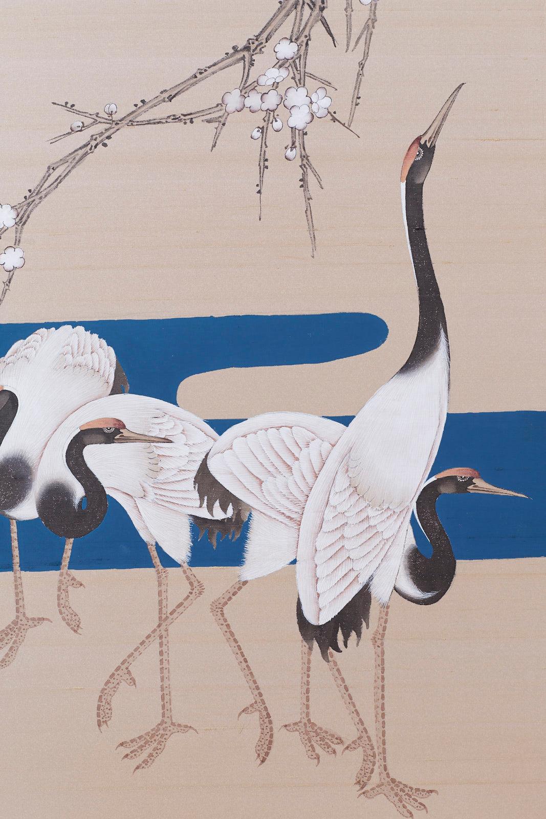 Japanese Showa Four-Panel Screen of Red Crowned Cranes 6