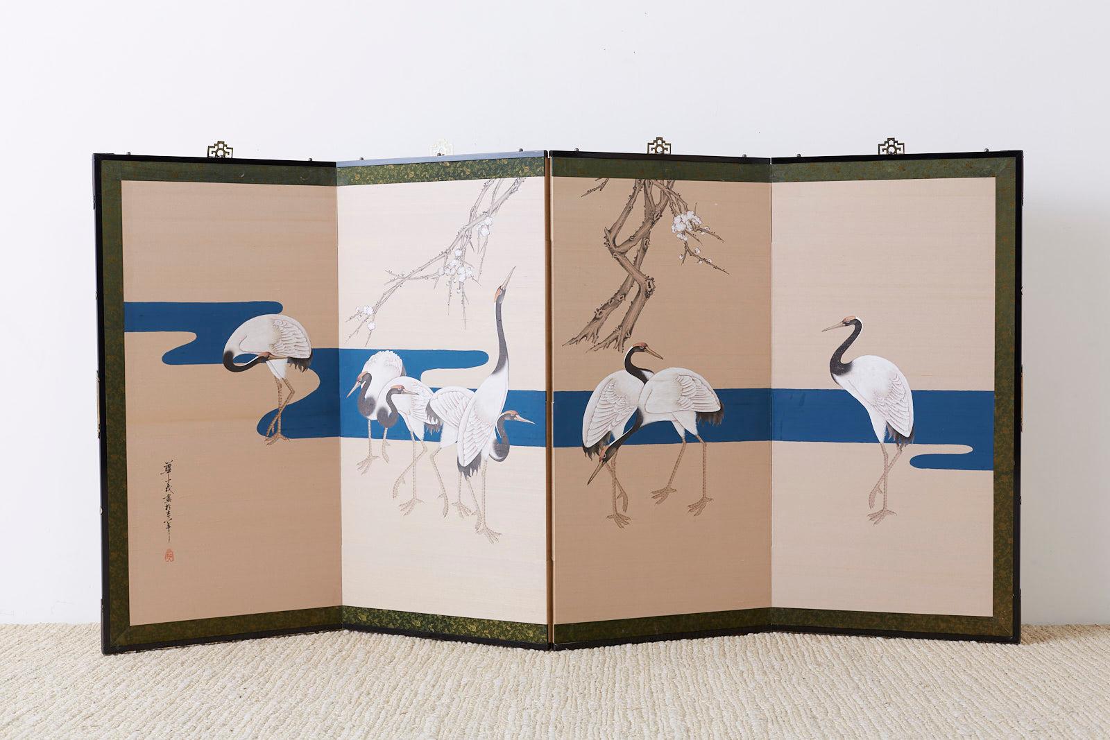 Japanese Showa Four-Panel Screen of Red Crowned Cranes 11