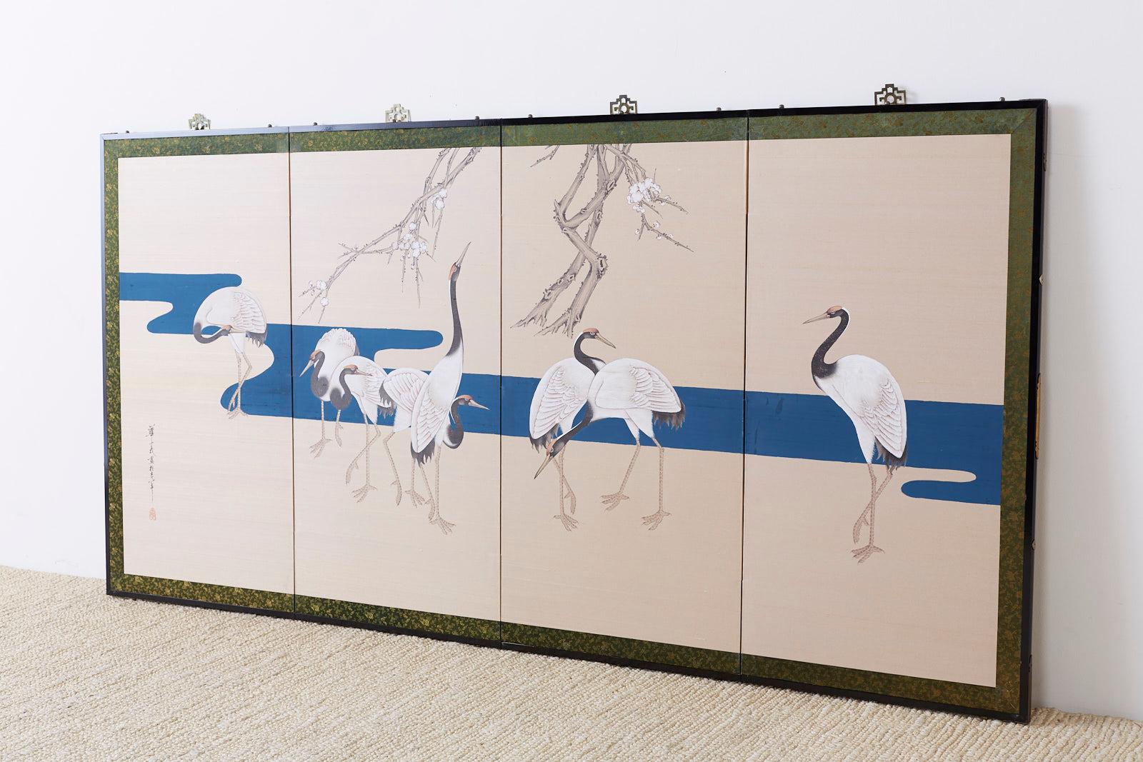 Ebonized Japanese Showa Four-Panel Screen of Red Crowned Cranes