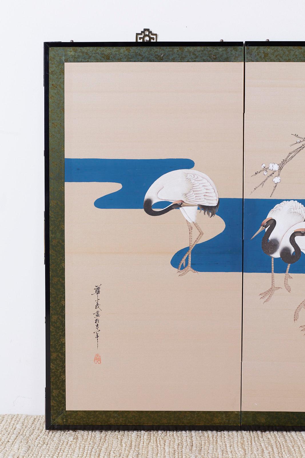 20th Century Japanese Showa Four-Panel Screen of Red Crowned Cranes