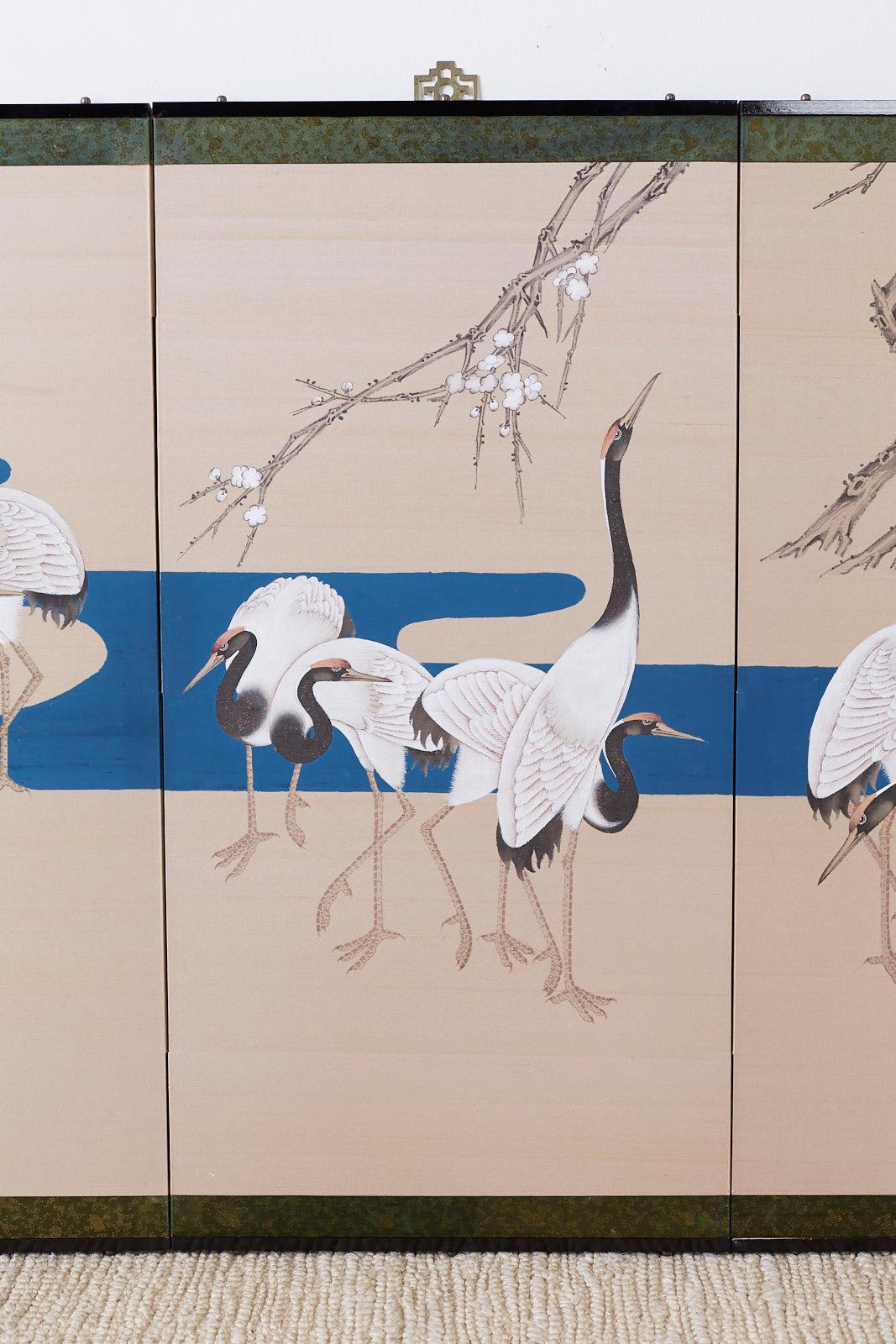 Silk Japanese Showa Four-Panel Screen of Red Crowned Cranes