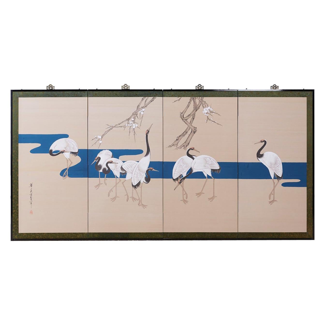 Japanese Showa Four-Panel Screen of Red Crowned Cranes