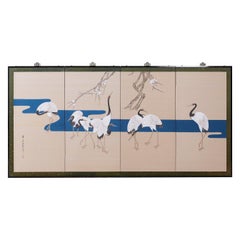 Écran japonais Showa à quatre panneaux représentant des grues couronnées de rouge
