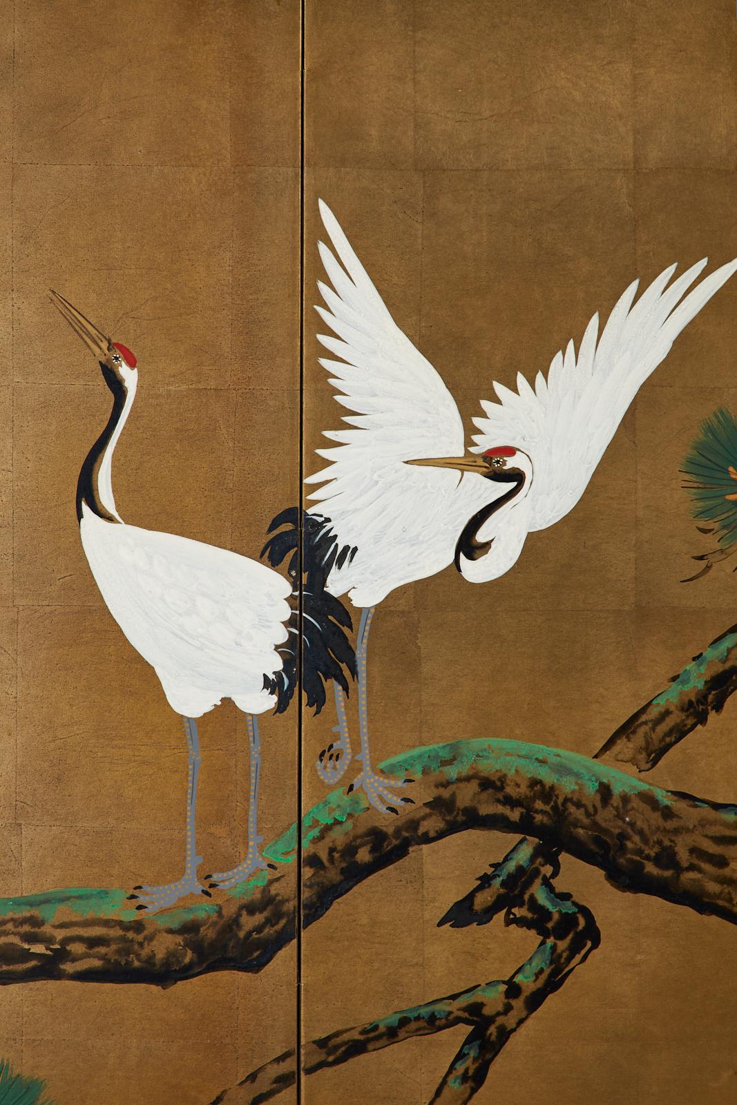 Japanese Showa Four-Panel Screen Pair of Cranes 5