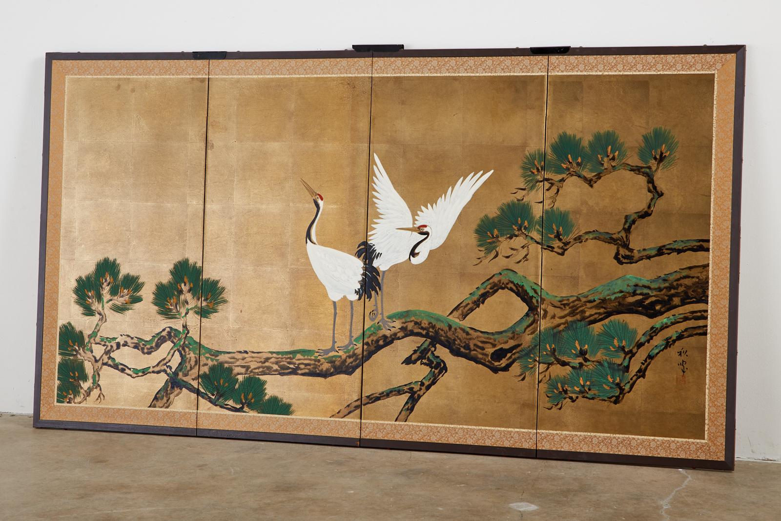 Gilt Japanese Showa Four-Panel Screen Pair of Cranes