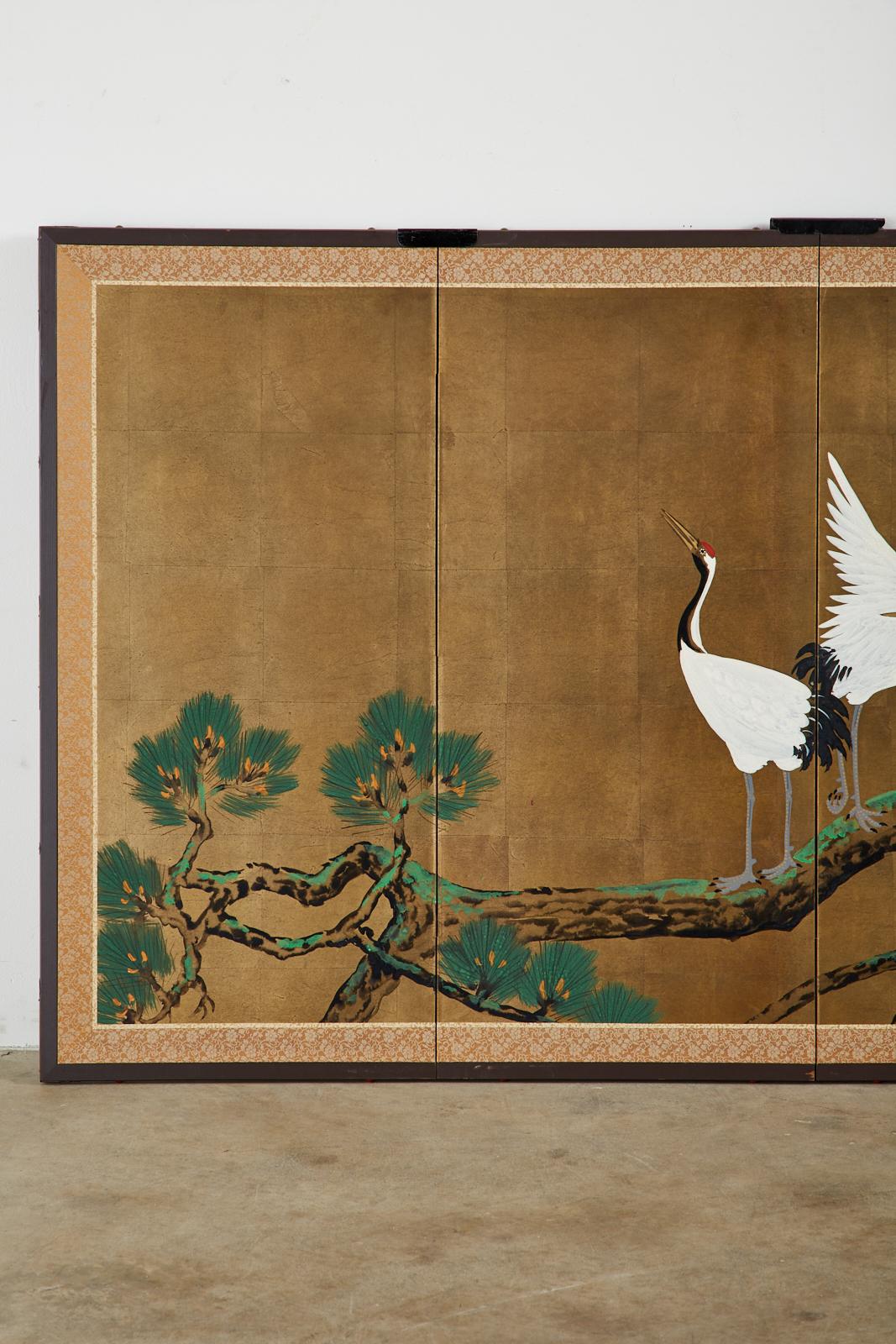 20th Century Japanese Showa Four-Panel Screen Pair of Cranes