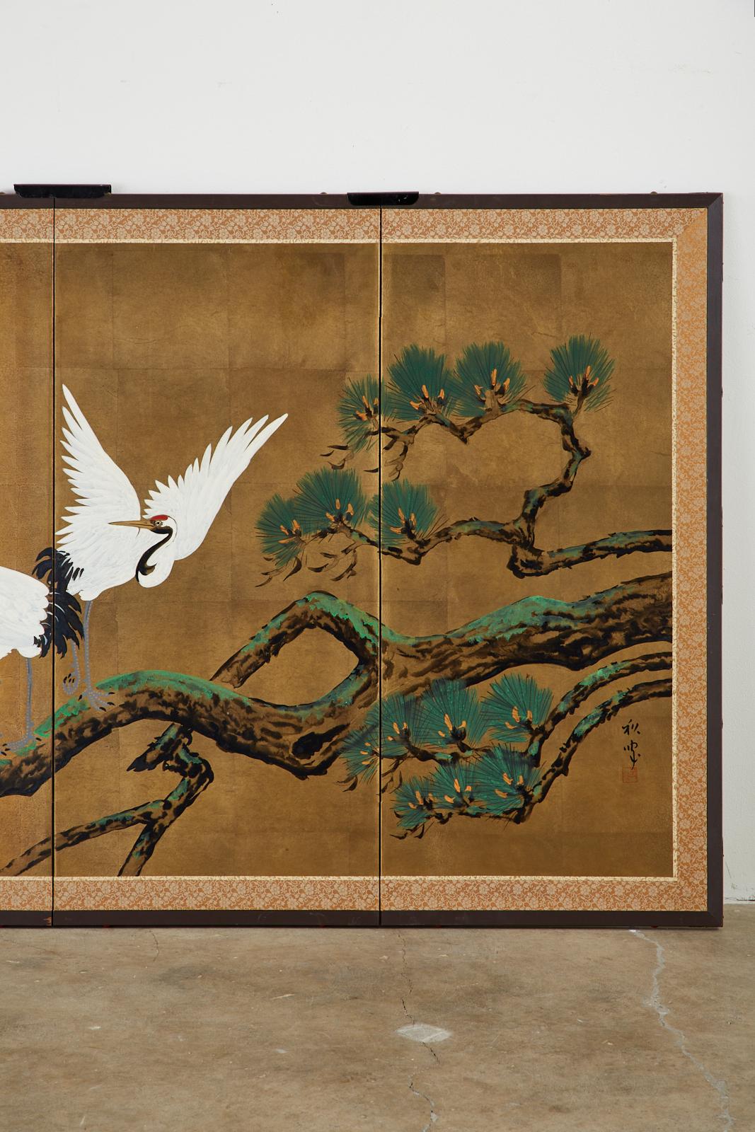 Brass Japanese Showa Four-Panel Screen Pair of Cranes