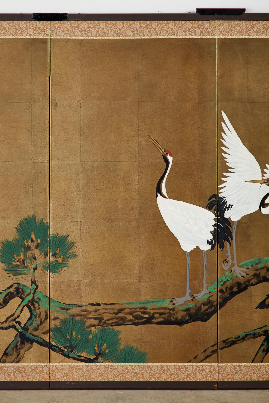 Japanese Showa Four-Panel Screen Pair of Cranes 2