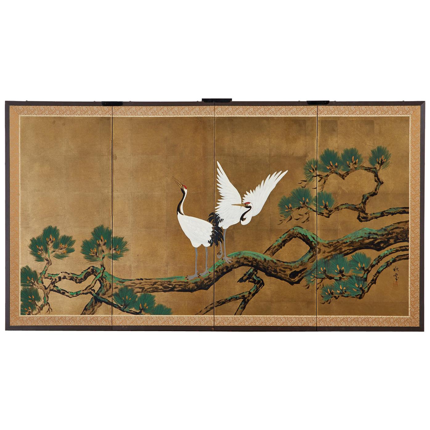 Japanese Showa Four-Panel Screen Pair of Cranes