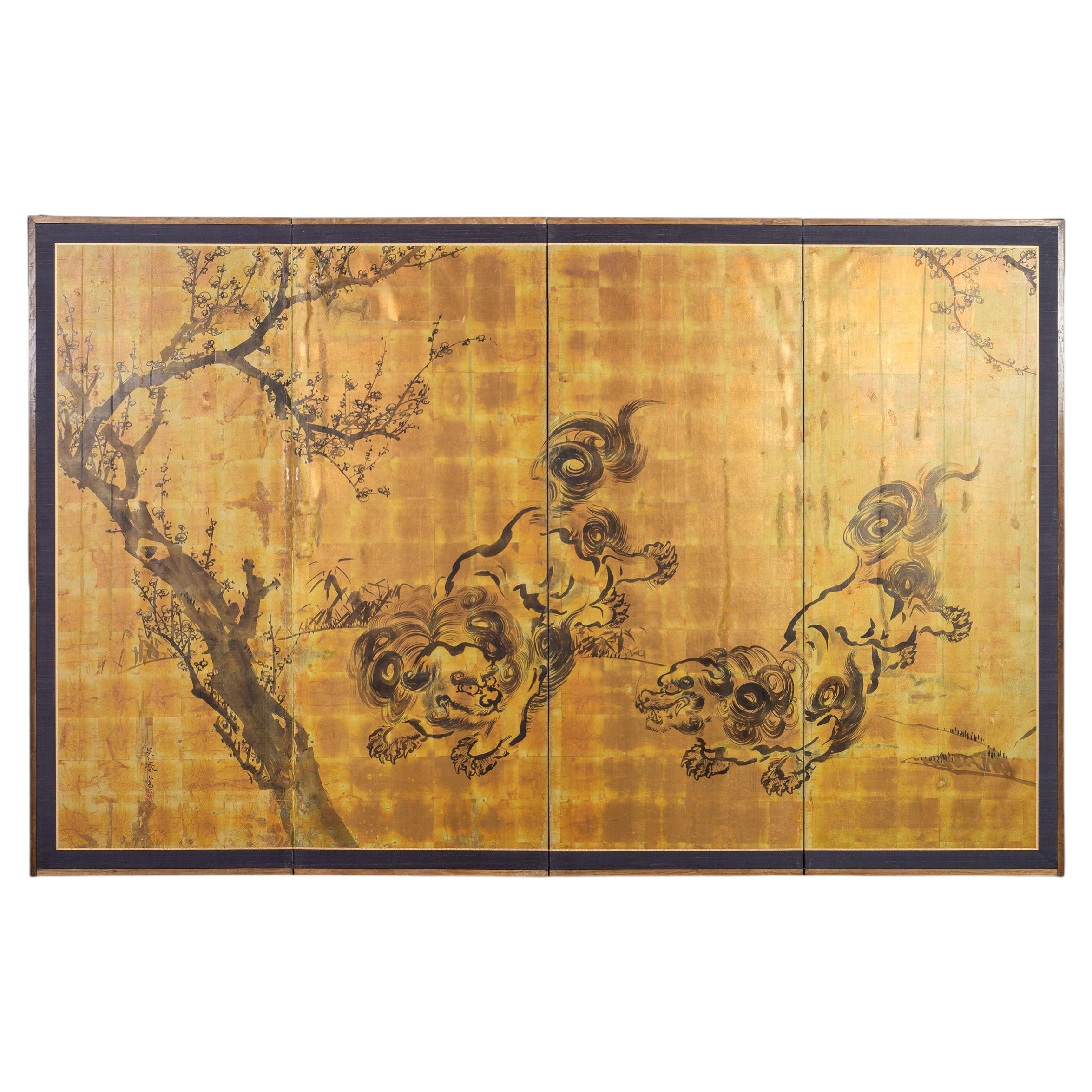Japanische Showa vier Panel Bildschirm Paar Karashishi Foo Hunde im Angebot