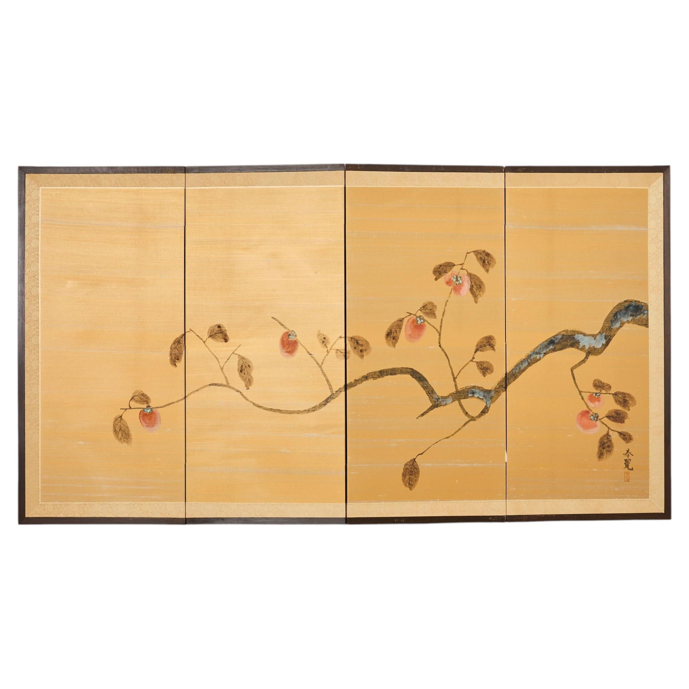 Japanese Showa Four Panel Screen Persimmon Branch in Snow