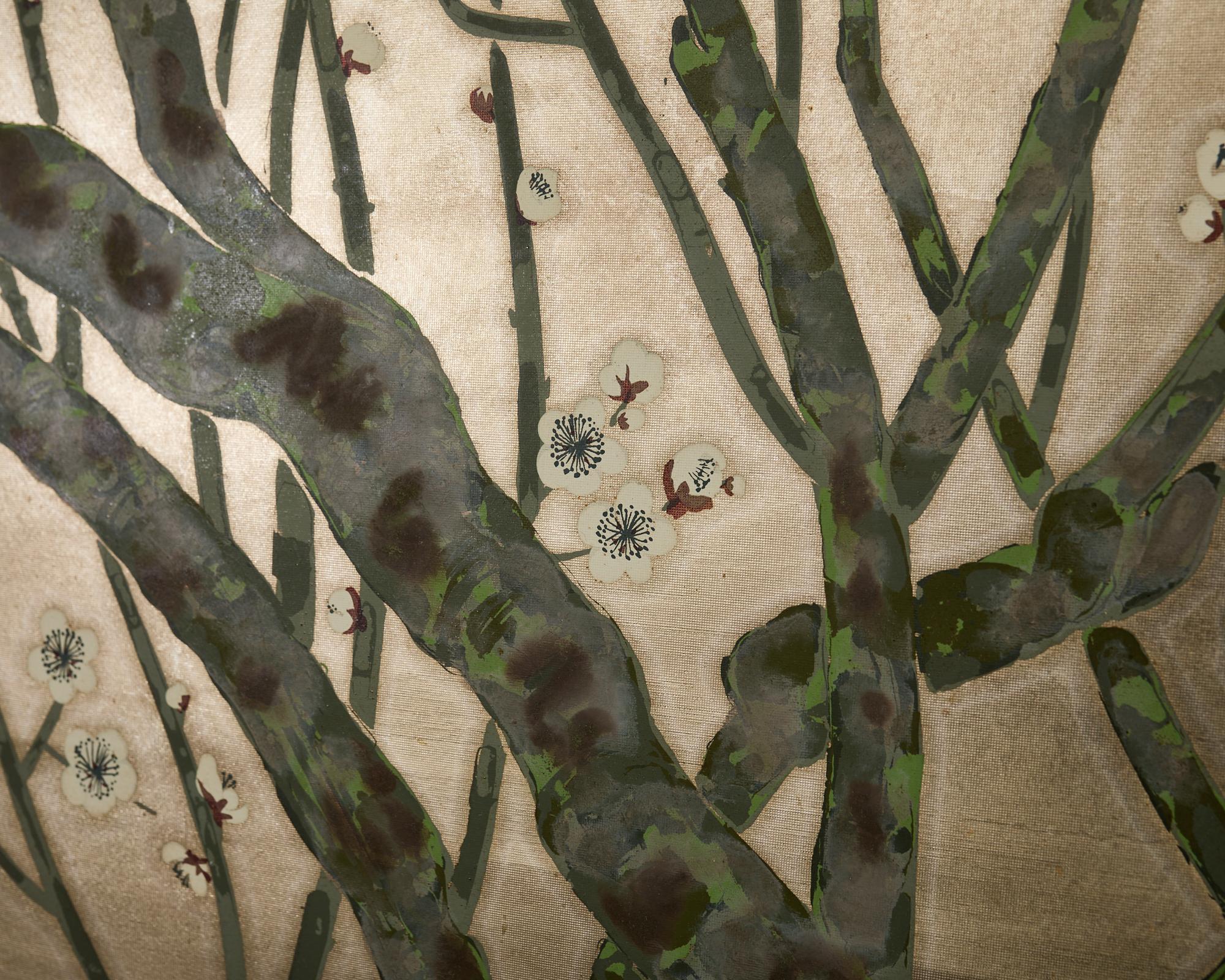 Biombo japonés Showa de cuatro paneles Prunus con pájaros cantores en venta 3