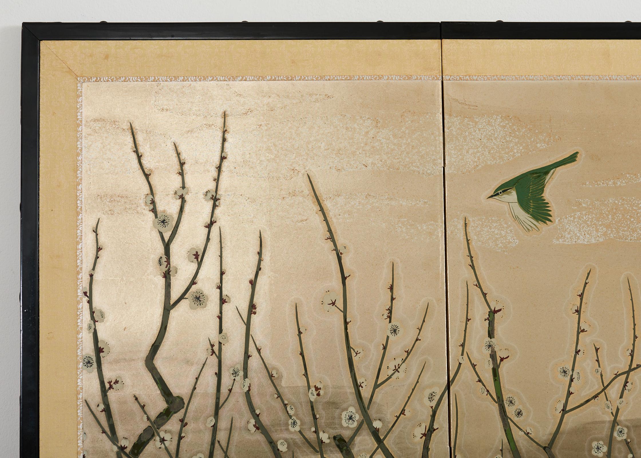 Biombo japonés Showa de cuatro paneles Prunus con pájaros cantores en venta 4