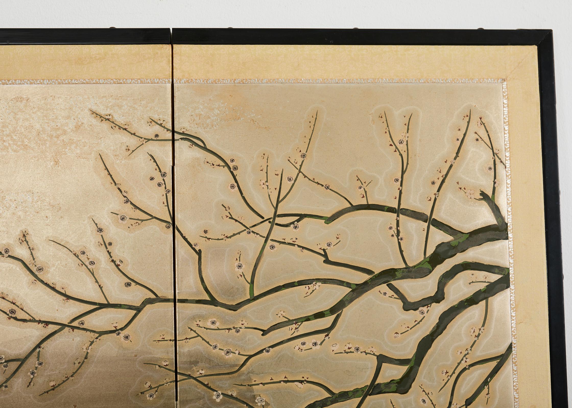 Biombo japonés Showa de cuatro paneles Prunus con pájaros cantores en venta 5
