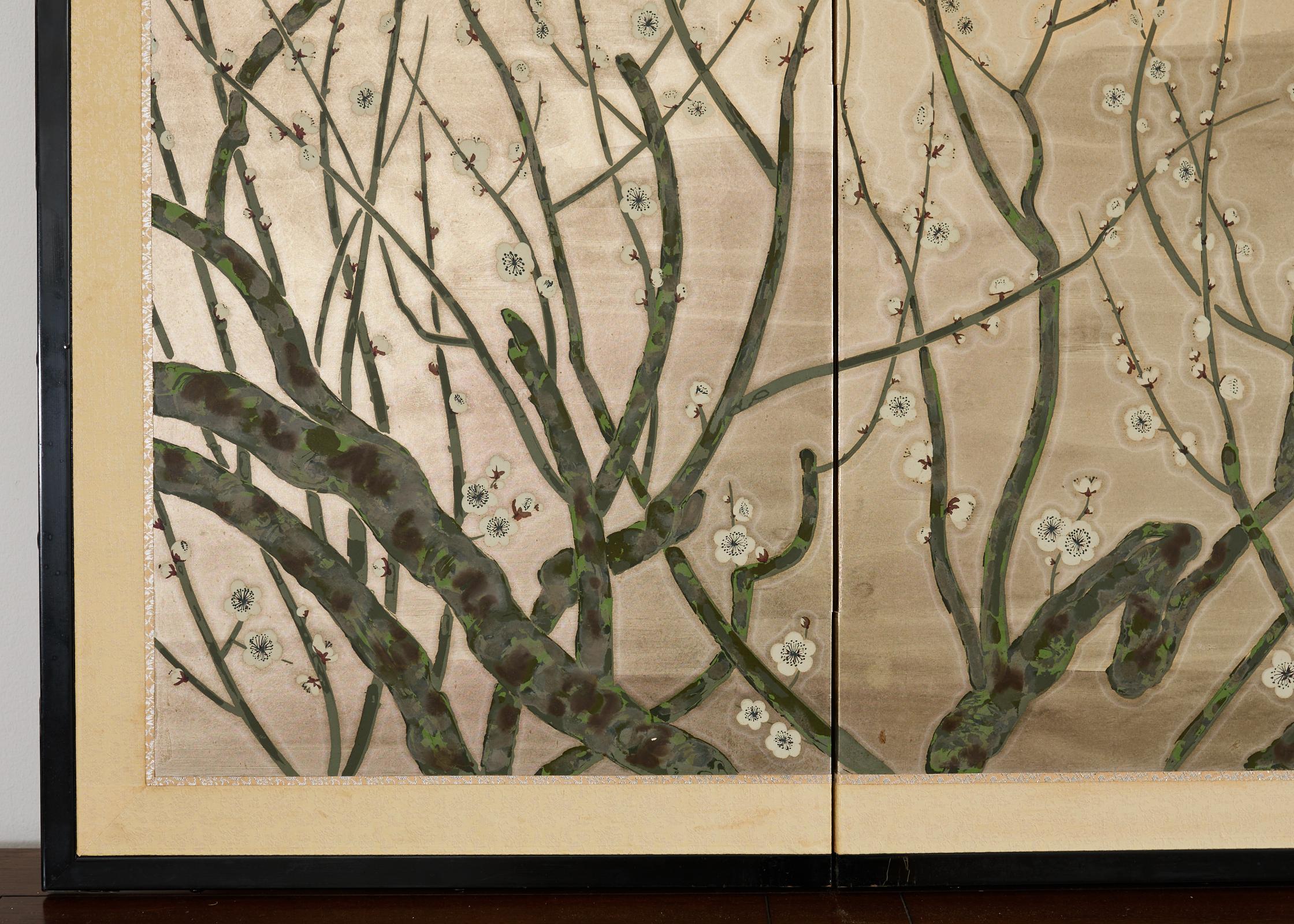 Biombo japonés Showa de cuatro paneles Prunus con pájaros cantores en venta 6