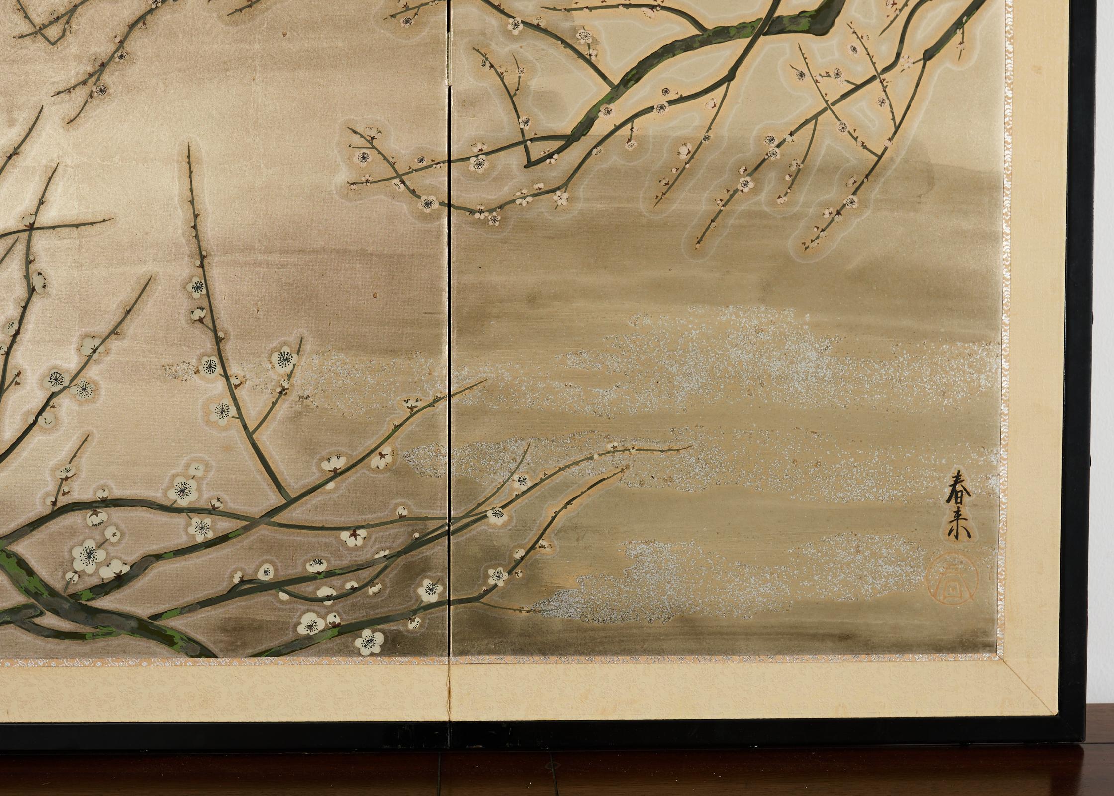 Biombo japonés Showa de cuatro paneles Prunus con pájaros cantores en venta 7