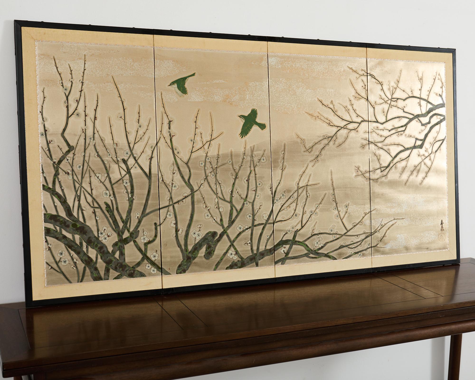 Biombo japonés Showa de cuatro paneles Prunus con pájaros cantores en venta 8