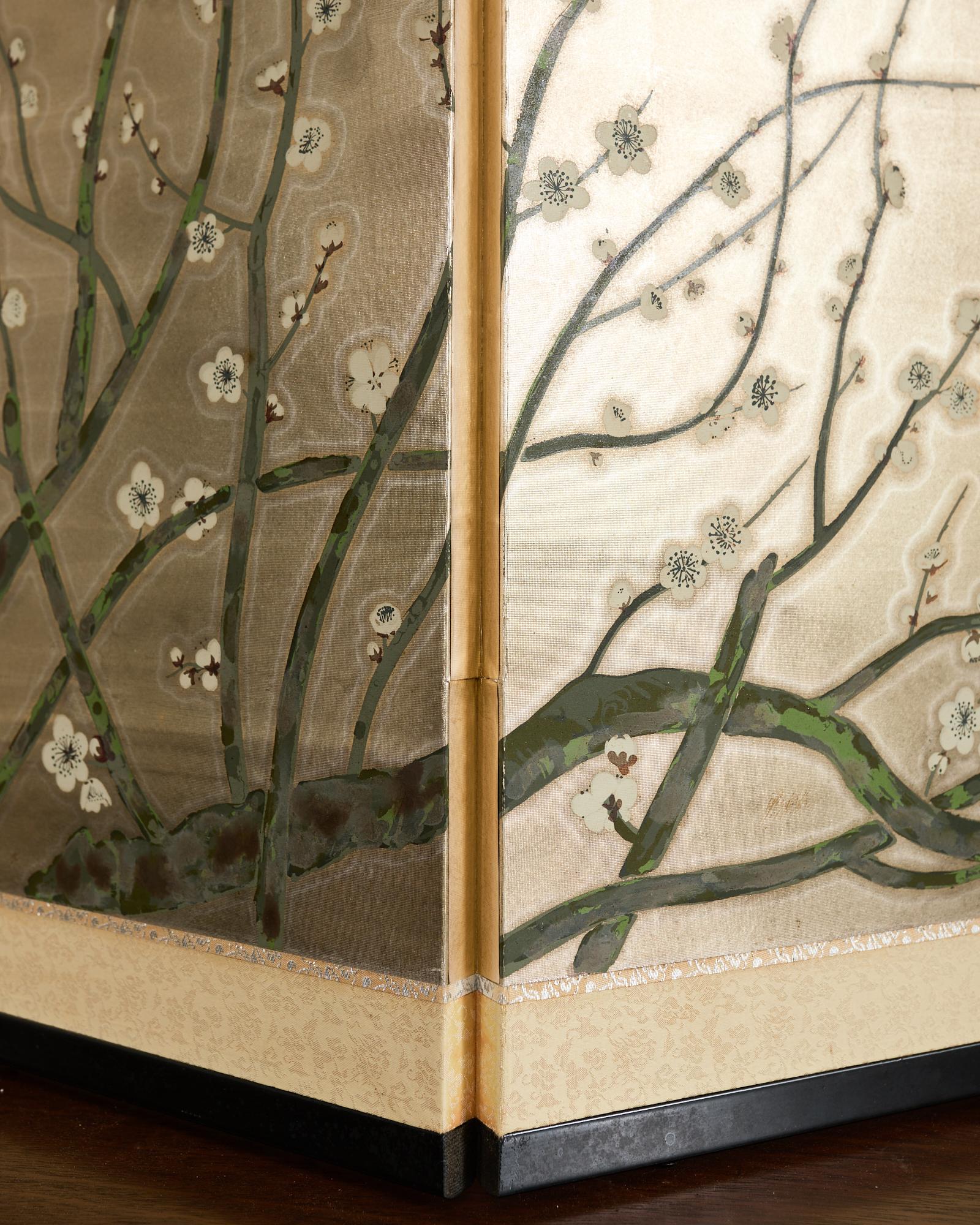 Biombo japonés Showa de cuatro paneles Prunus con pájaros cantores en venta 10