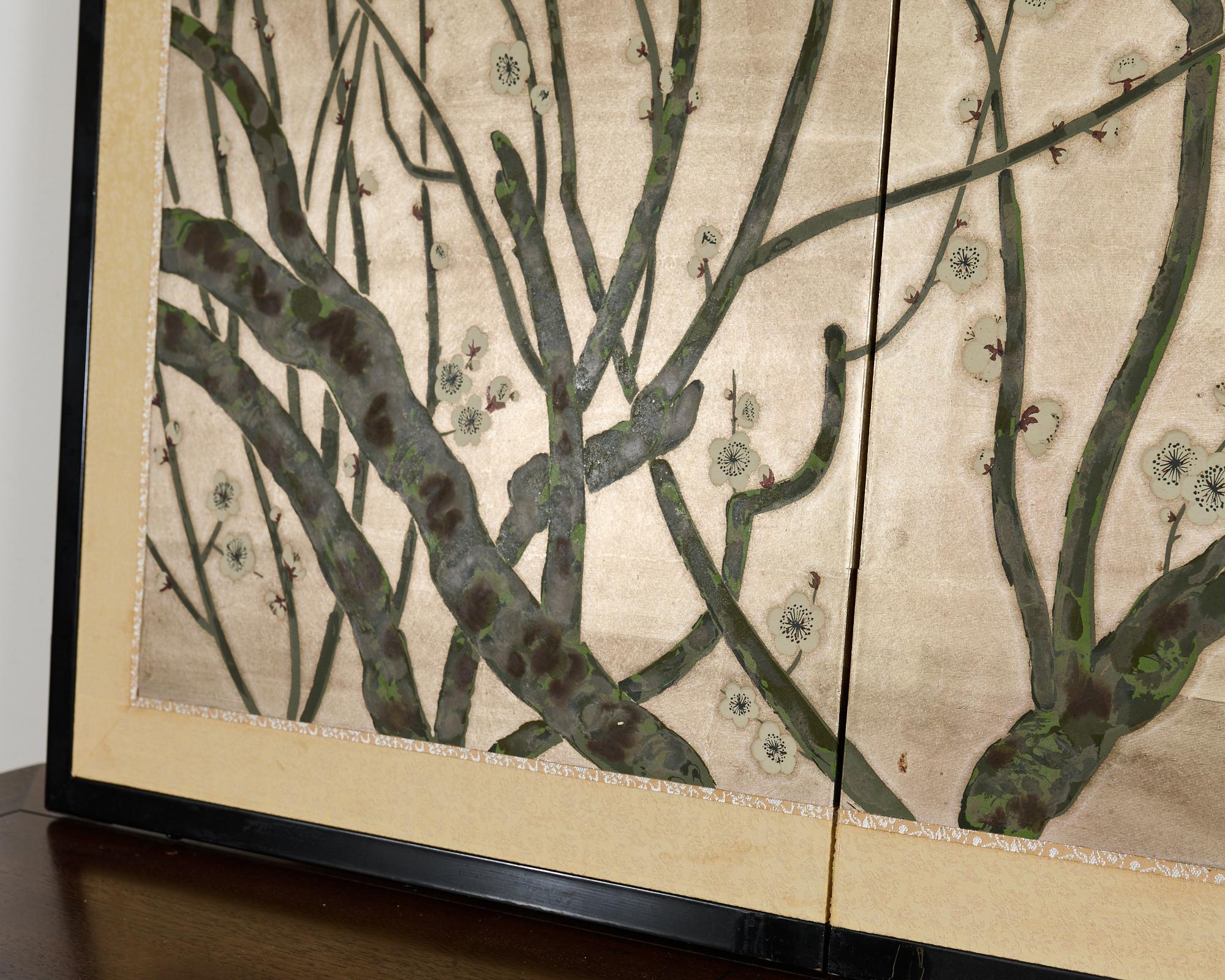 Biombo japonés Showa de cuatro paneles Prunus con pájaros cantores en venta 12