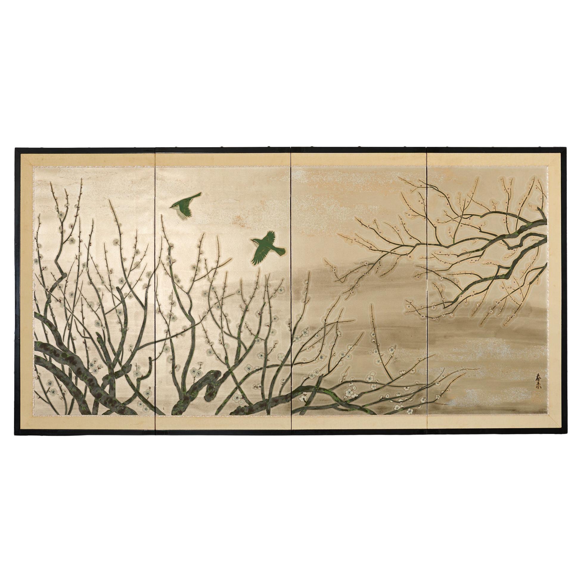 Paravento giapponese Showa a quattro pannelli Prunus con uccelli canori