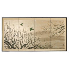 Paravento giapponese Showa a quattro pannelli Prunus con uccelli canori