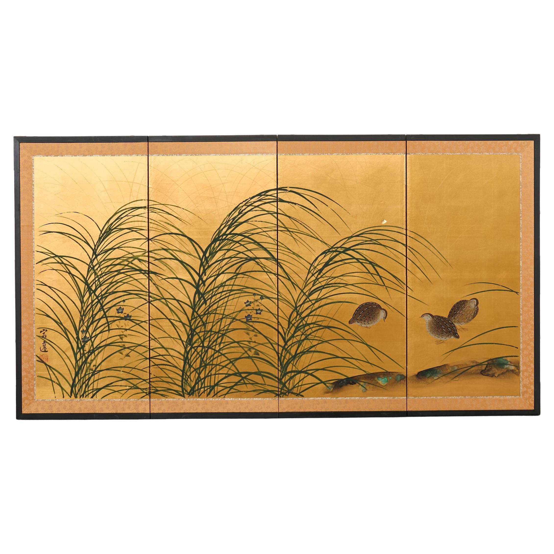 Japanese Showa Four Panel Screen Quail Amid Autumn Grasses