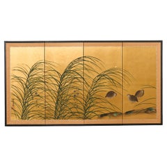 Japanese Showa Four Panel Screen Quail Amid Autumn Grasses