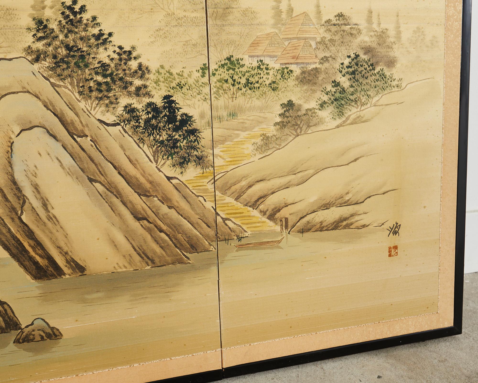 Japanese Showa Four Panel Screen Rustic Lakeside Village For Sale 6