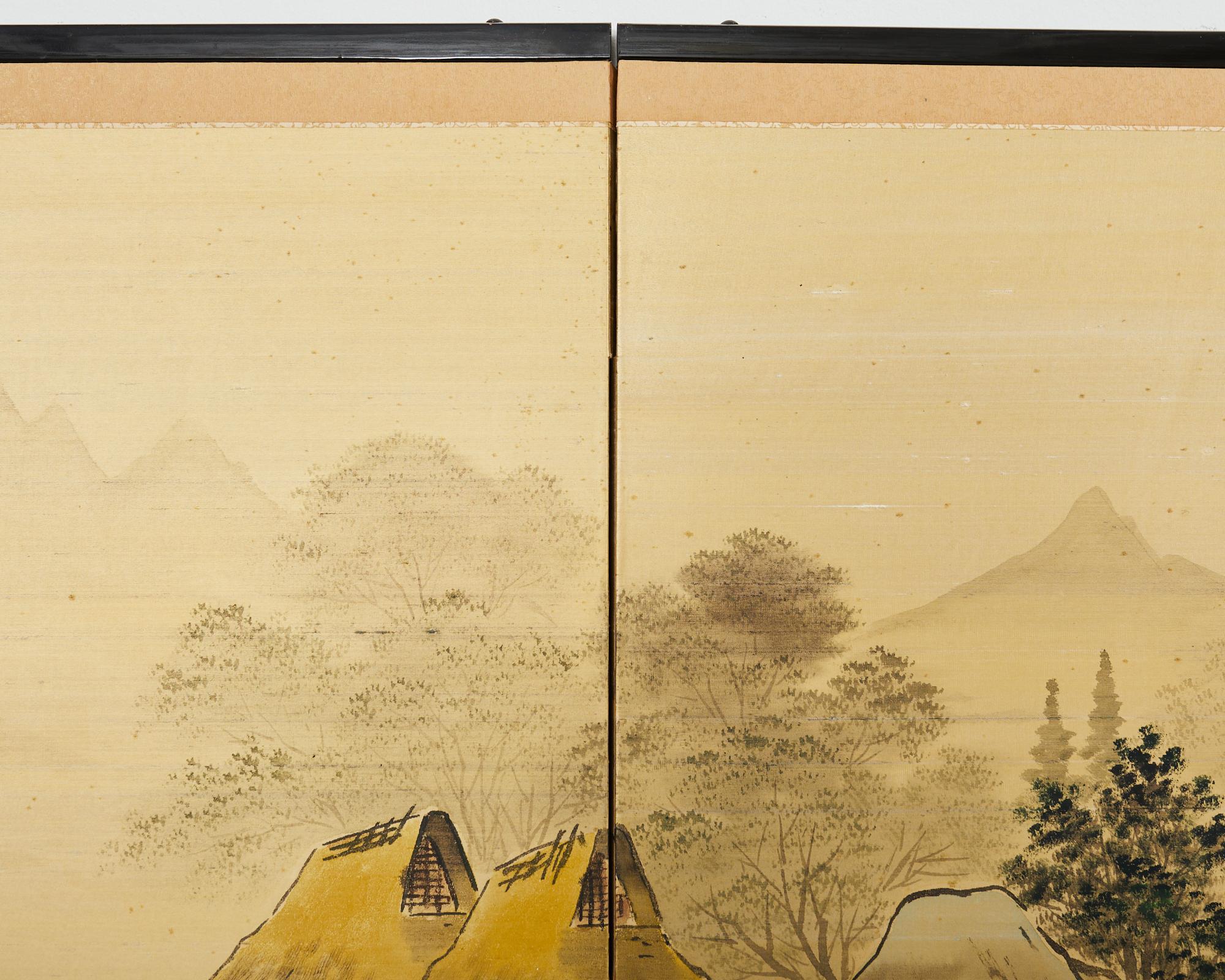 Japanese Showa Four Panel Screen Rustic Lakeside Village For Sale 8