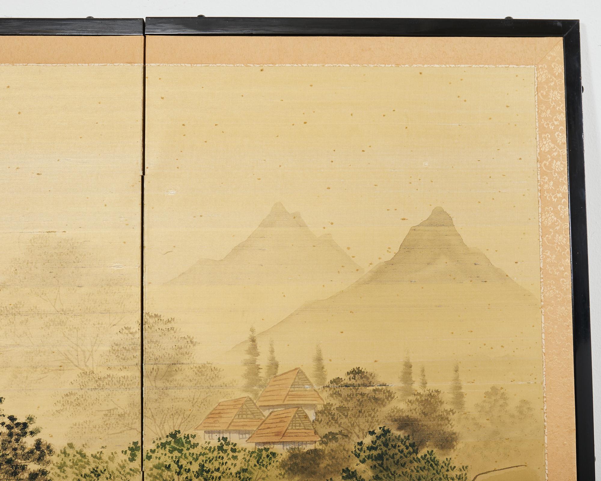 Japanese Showa Four Panel Screen Rustic Lakeside Village For Sale 9