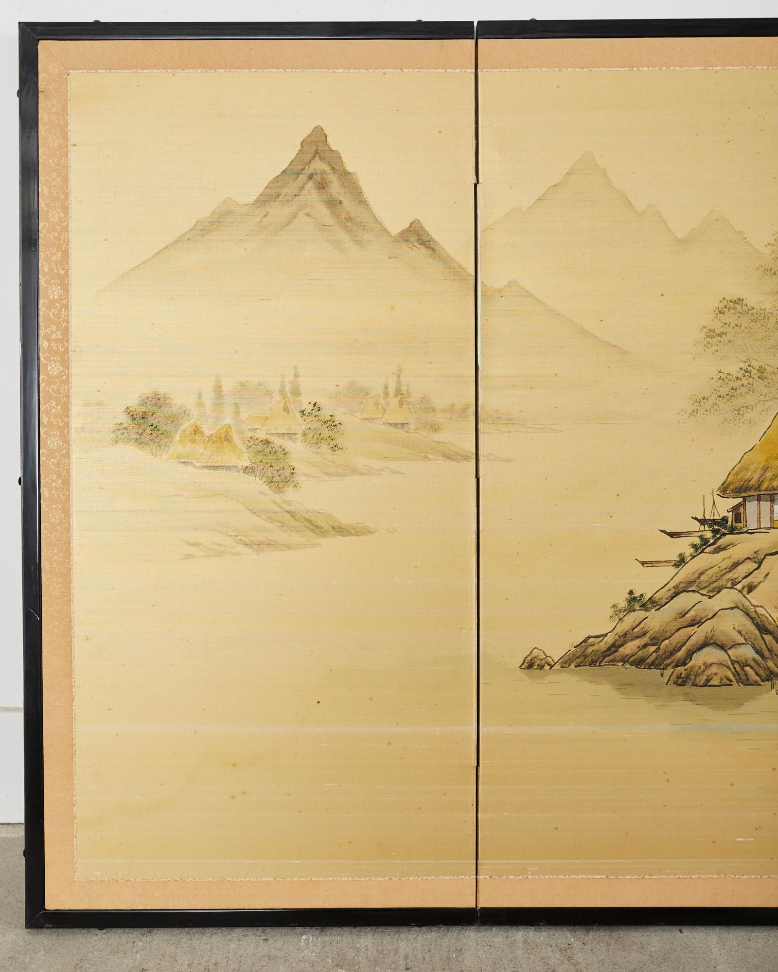 Hand-Crafted Japanese Showa Four Panel Screen Rustic Lakeside Village For Sale