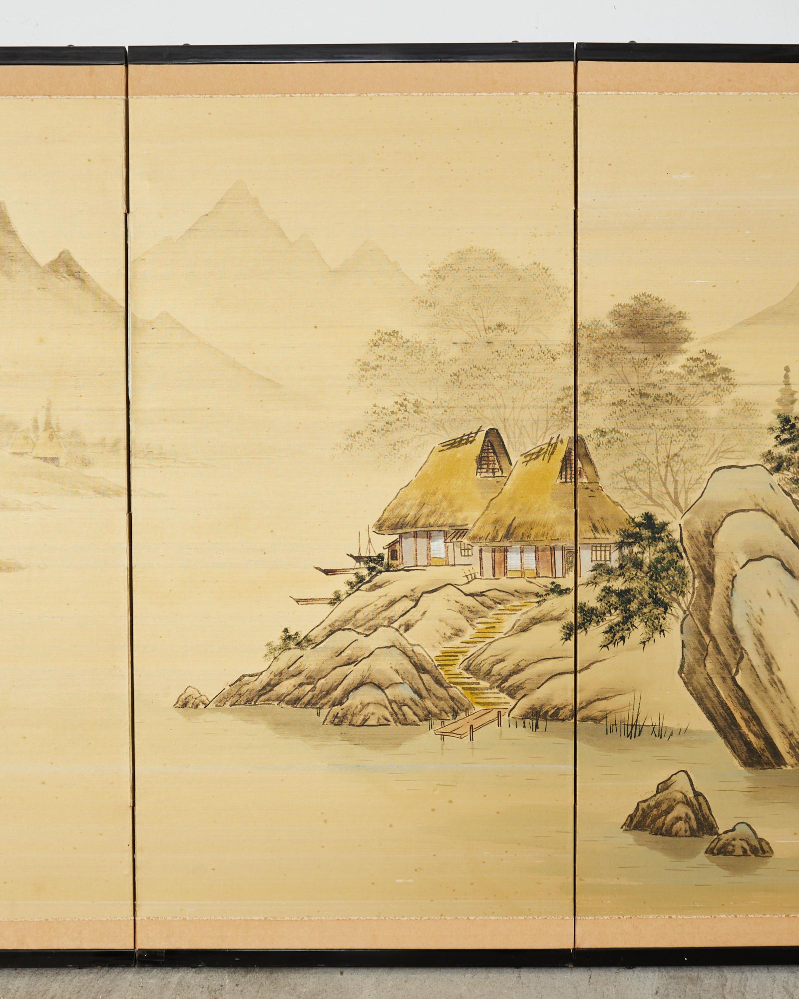Japanese Showa Four Panel Screen Rustic Lakeside Village In Good Condition For Sale In Rio Vista, CA