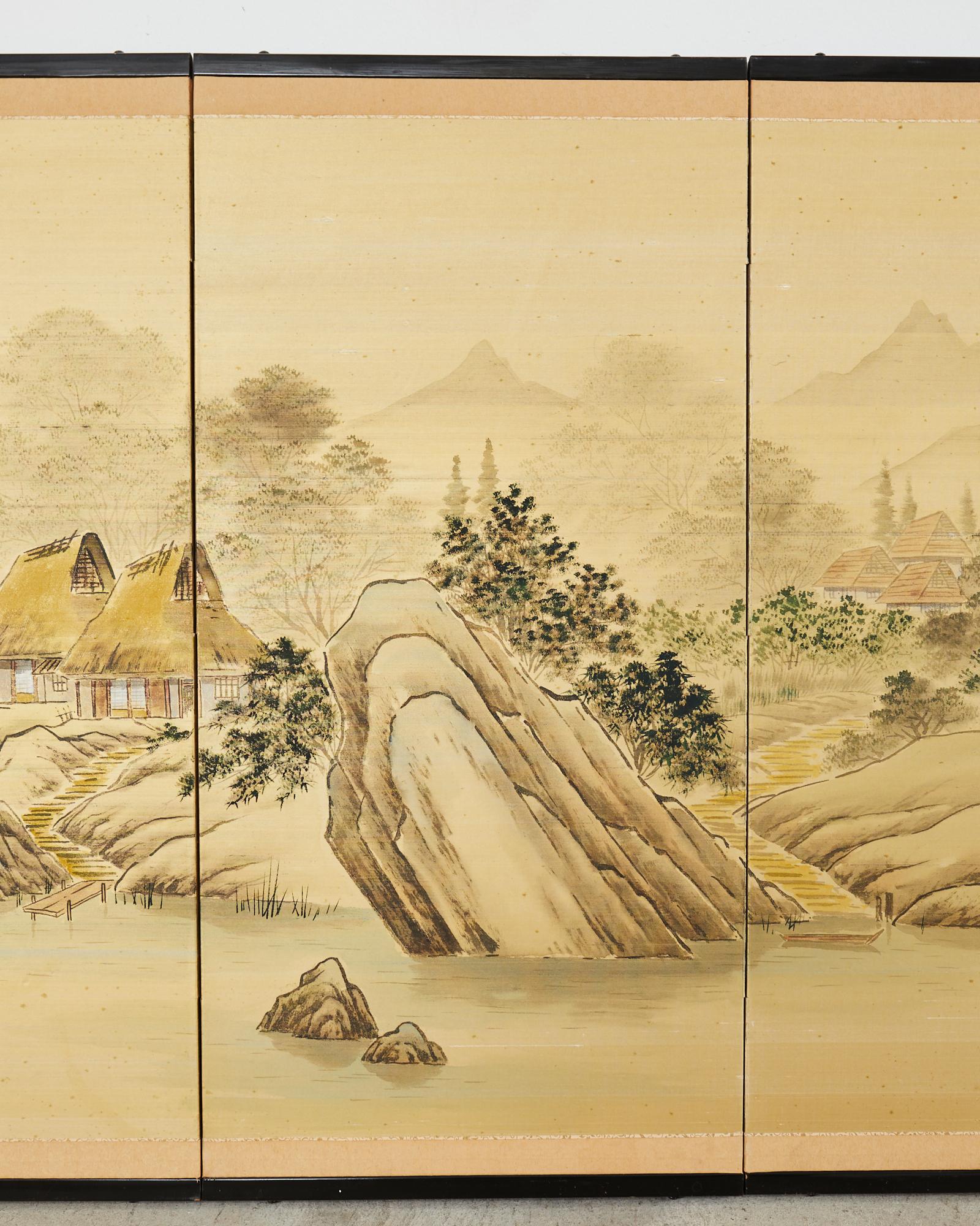 20th Century Japanese Showa Four Panel Screen Rustic Lakeside Village For Sale